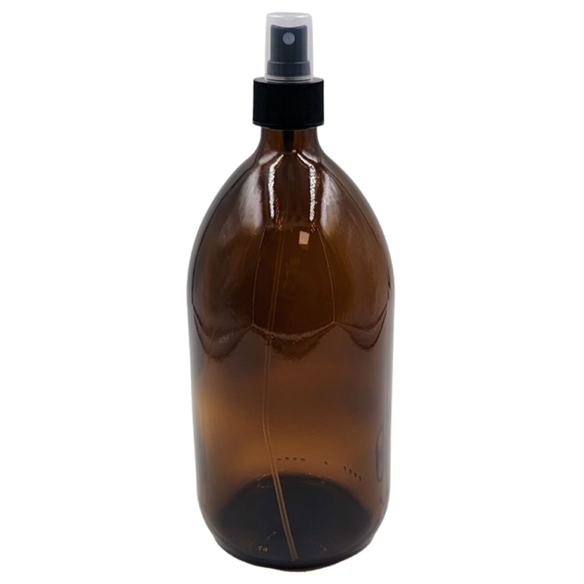 Klarglas-Sprühflasche mit silbernem Sprühkopf, stehend auf weißem Hintergrund.