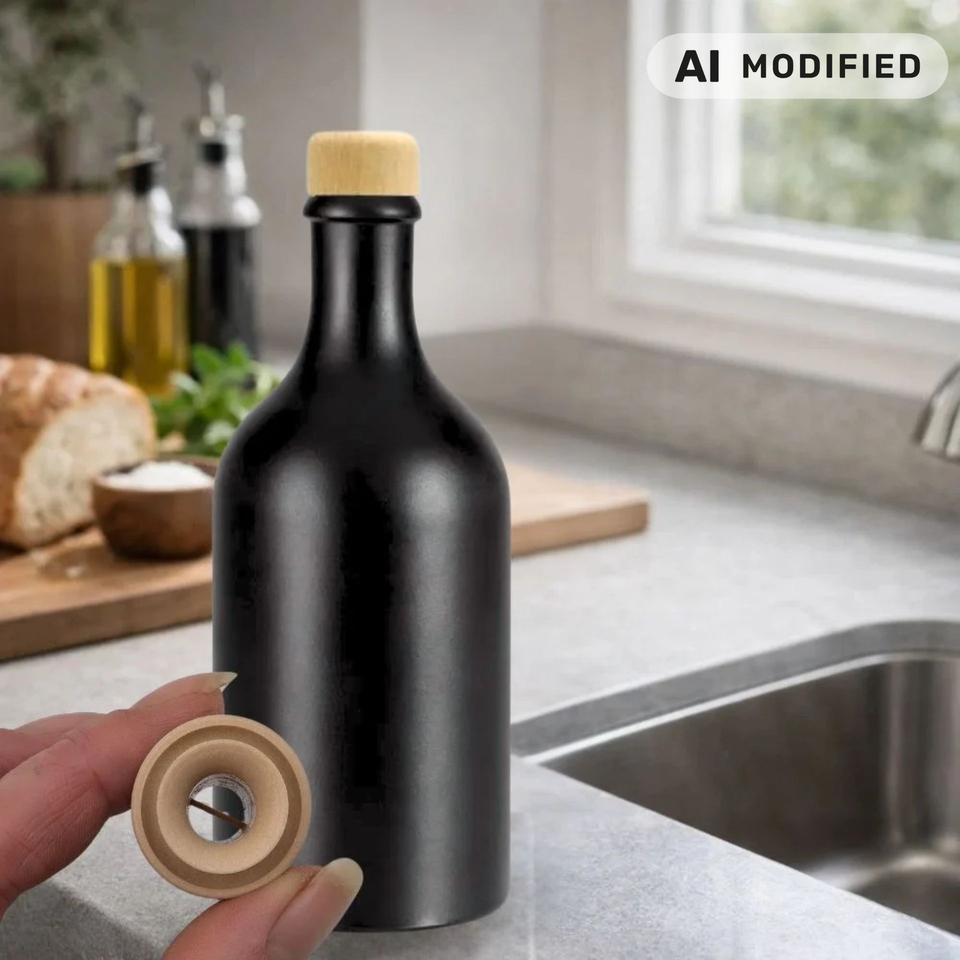 Ölflasche 500 ml Steingut schwarz mit Ausgießer und Holzkappe