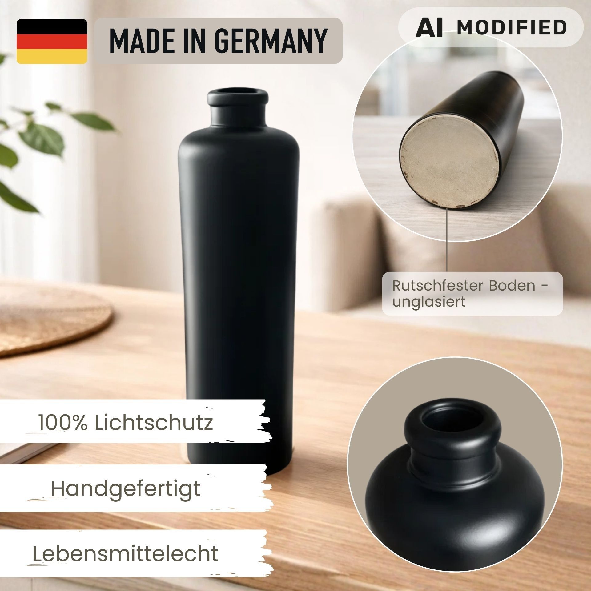 Keramikflasche 500 ml schwarz matt mit Korken