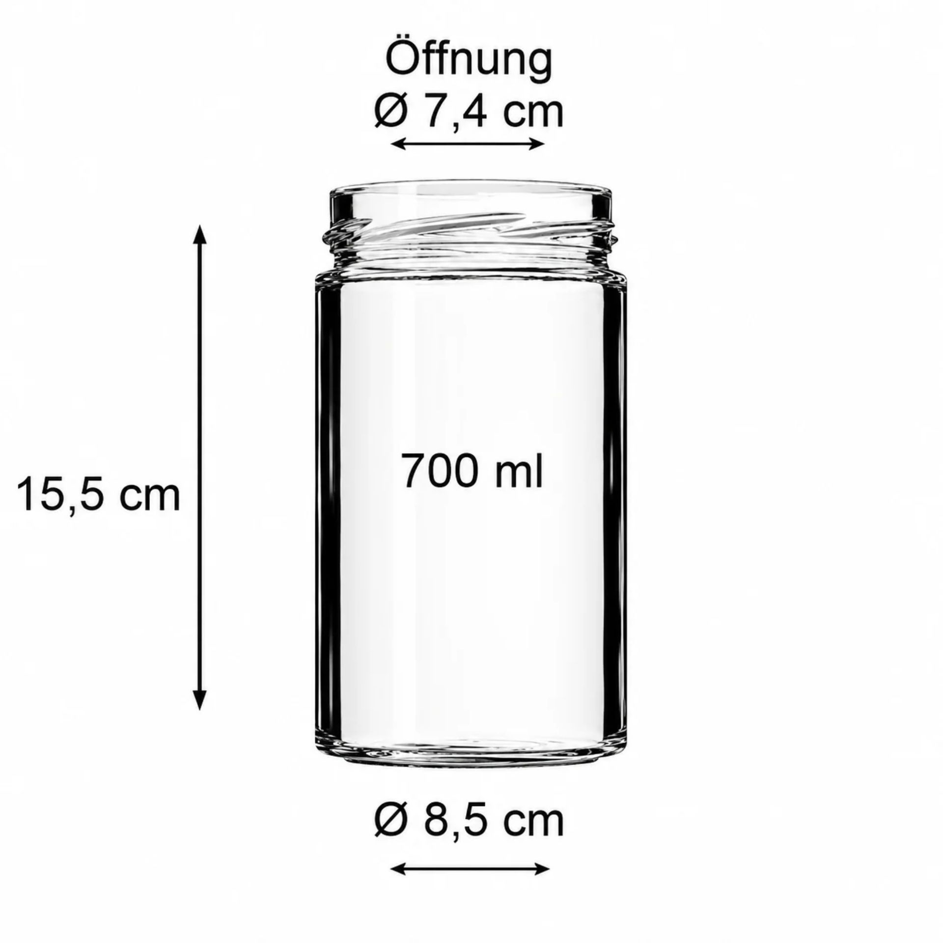 Transparentes 700-ml-Vorratsglas mit silberfarbenem Schraubdeckel und blauer Dichtung, leer und auf weißem Hintergrund stehend.