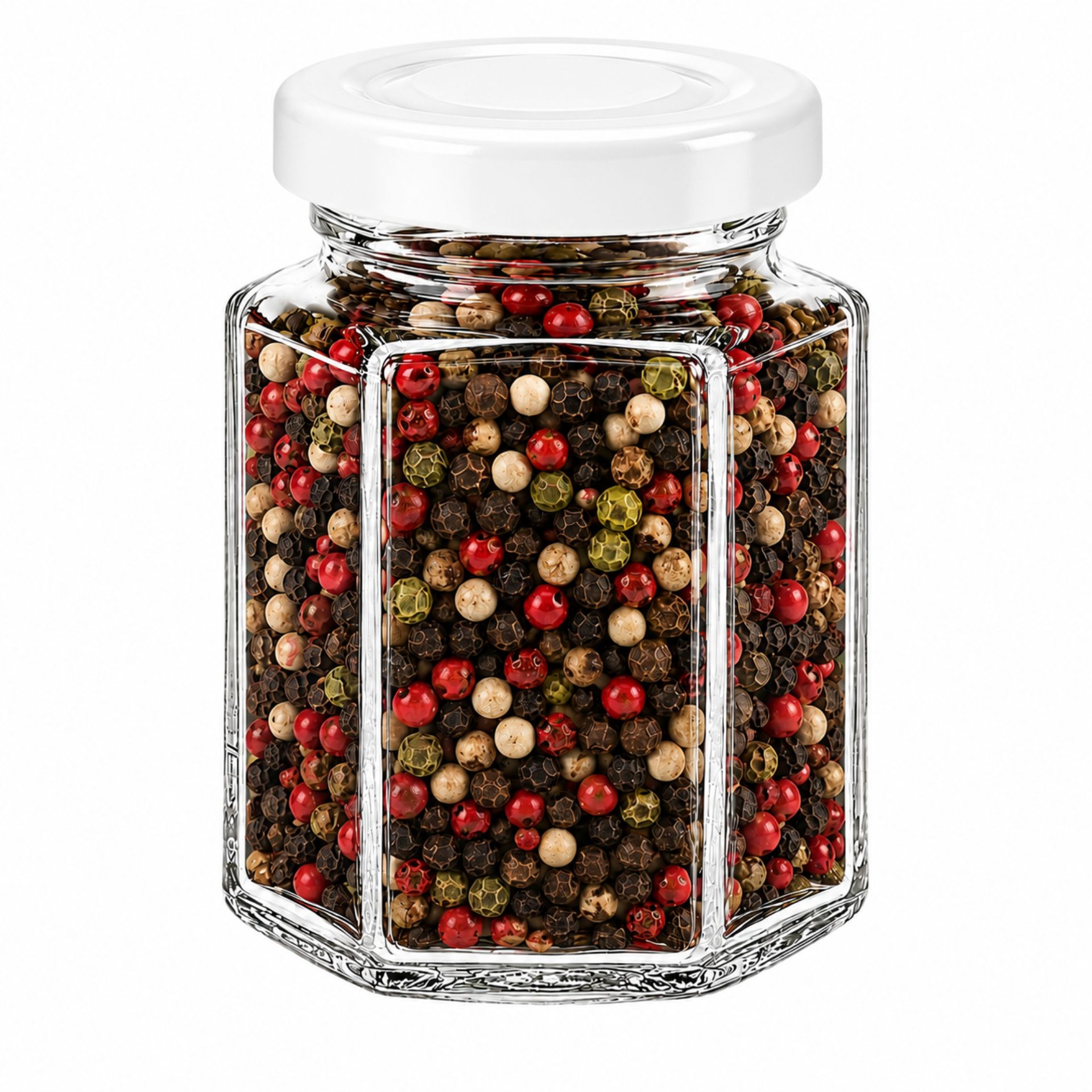 Sechs leere, hexagonale Glasbehälter à 110 ml mit goldfarbenen Schraubdeckeln, in zwei Reihen à drei Gläser auf weißem Hintergrund angeordnet.
