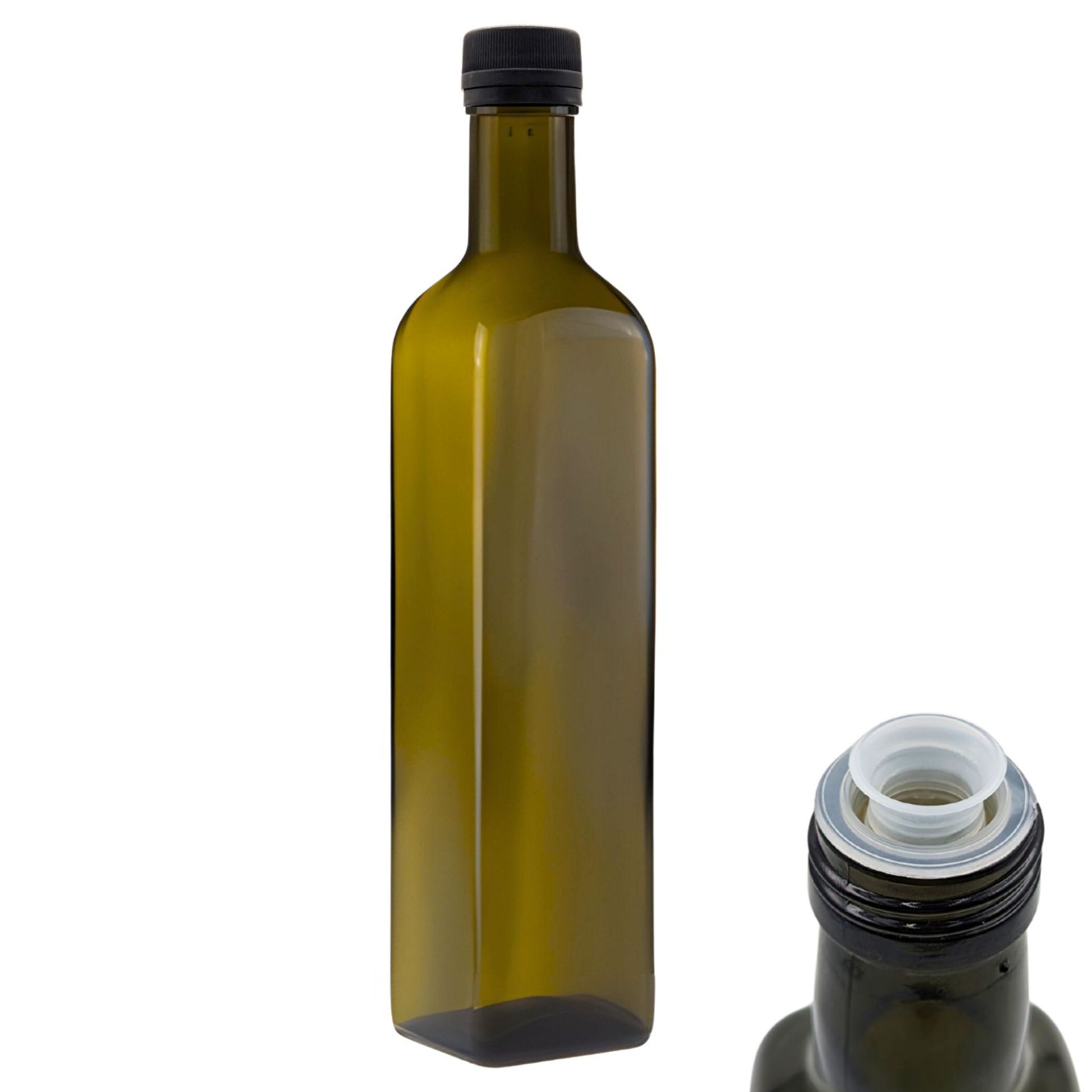 Zylindrisches, durchsichtiges Glas mit Schraubgewinde und ohne Deckel, auf weißem Hintergrund stehend.
