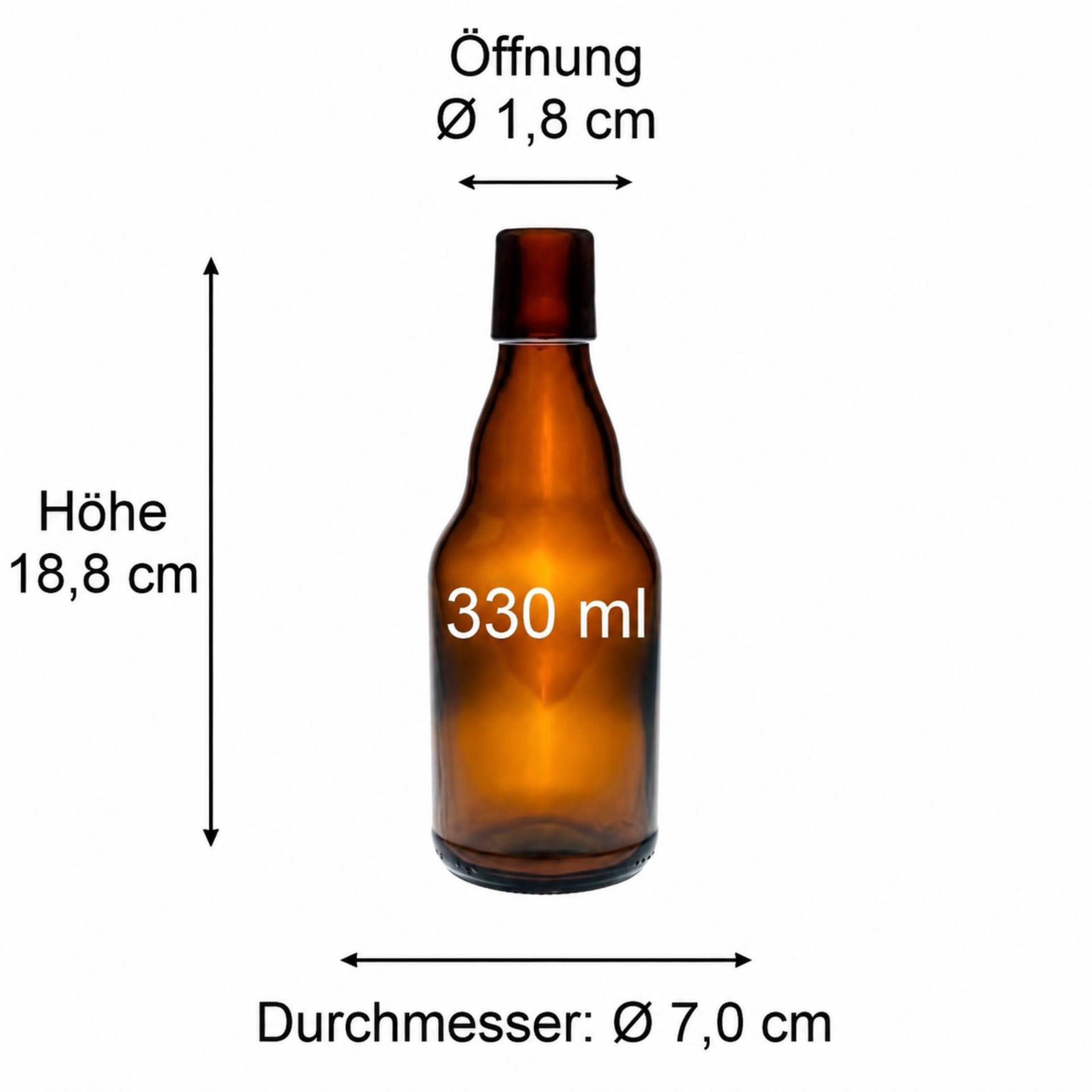 Produktbild von flaschen-glaeser-und-dosen.de: Viereckige Glasflasche mit braunem Etikett, gedrehter Verschluss, auf weißem Hintergrund. Skizzenhafte Maße der Flasche hervorgehoben. Ideal für Verpackungs- und Abfüllungszwecke.