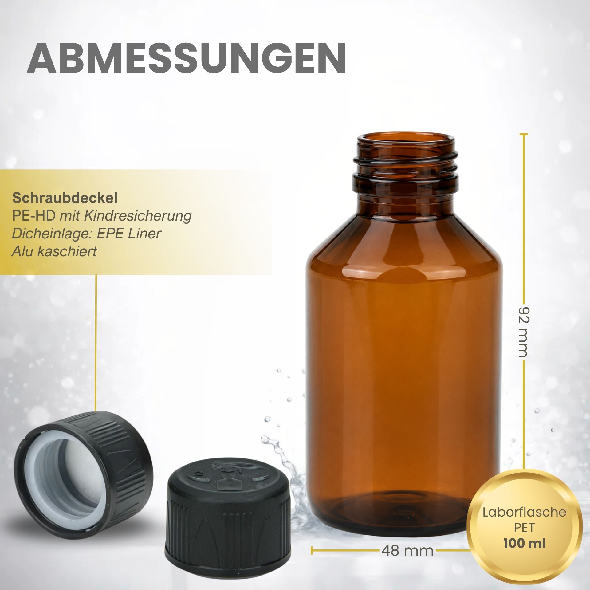 Laborflasche   100 ml braun PET Kunststoff (Kindersicherung)