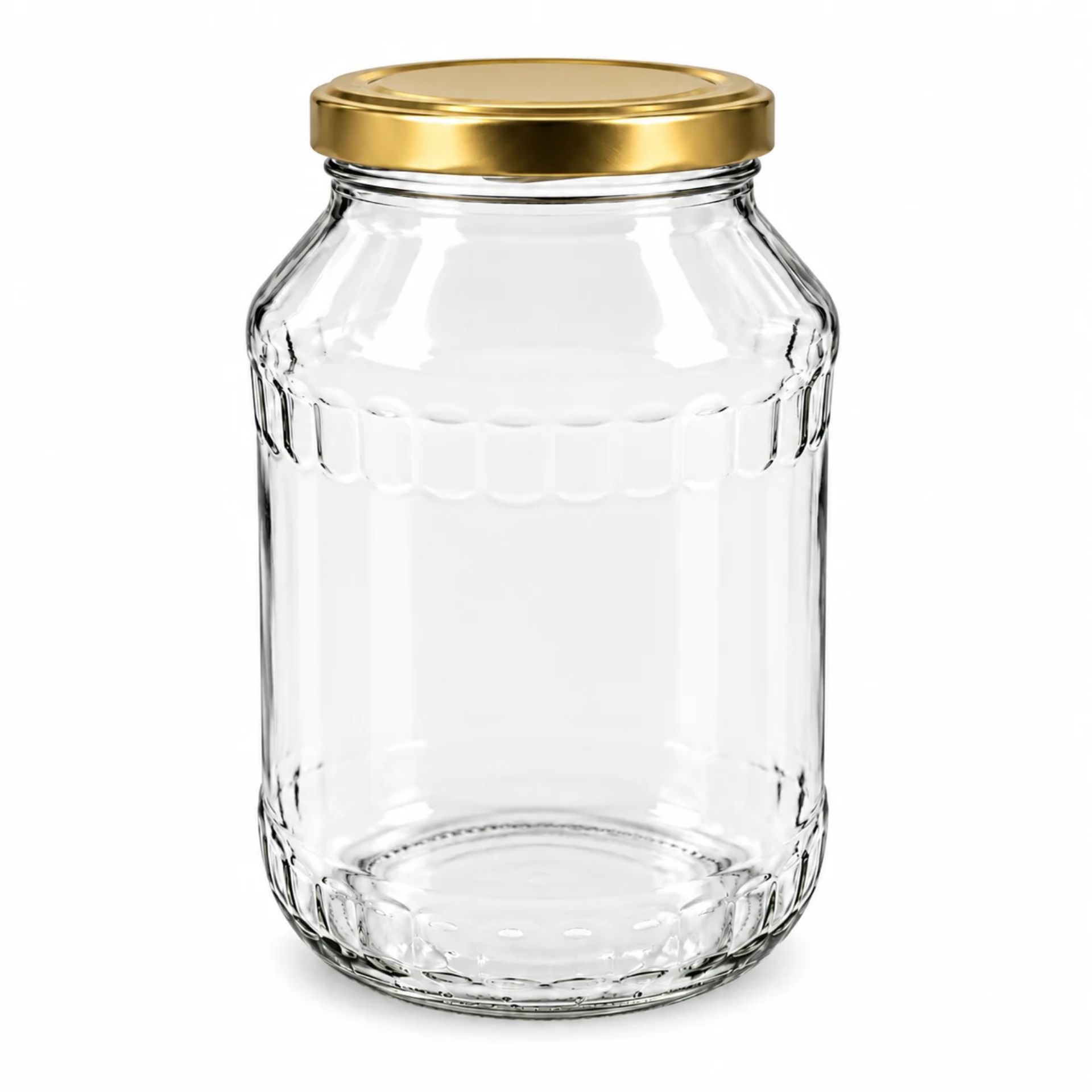 Großes, transparentes Einmachglas mit 2650 ml Fassungsvermögen aus klarem Glas, stehend auf weißem Hintergrund, mit goldenem Schraubdeckel verschlossen.