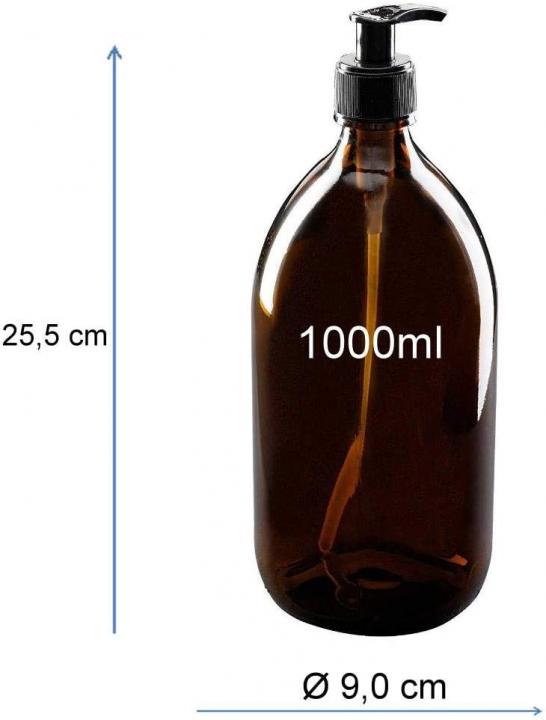 mikken Braune Glasflaschen 1000 ml mit Pumpspender für Seife, Desinfektionsmittel, Spülmittel, Shampoo, Seife, Reinigungsmittel, Lebensmittel 