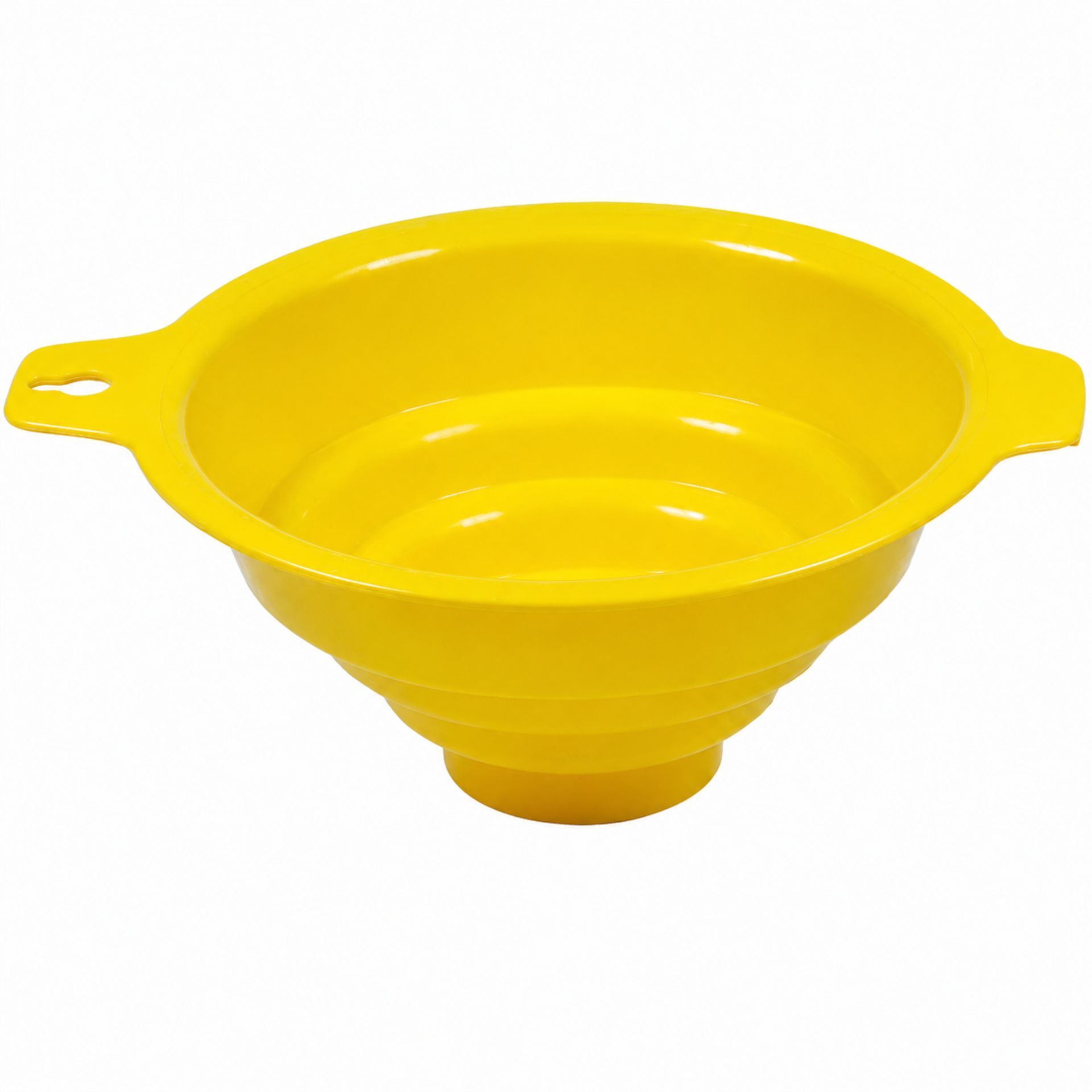 Gelber XL-Trichter aus Kunststoff in schräger Seitenansicht, ideal zum Umfüllen von Flüssigkeiten oder feinkörnigen Materialien. Perfekt geeignet für Küche, Garage oder Labor.