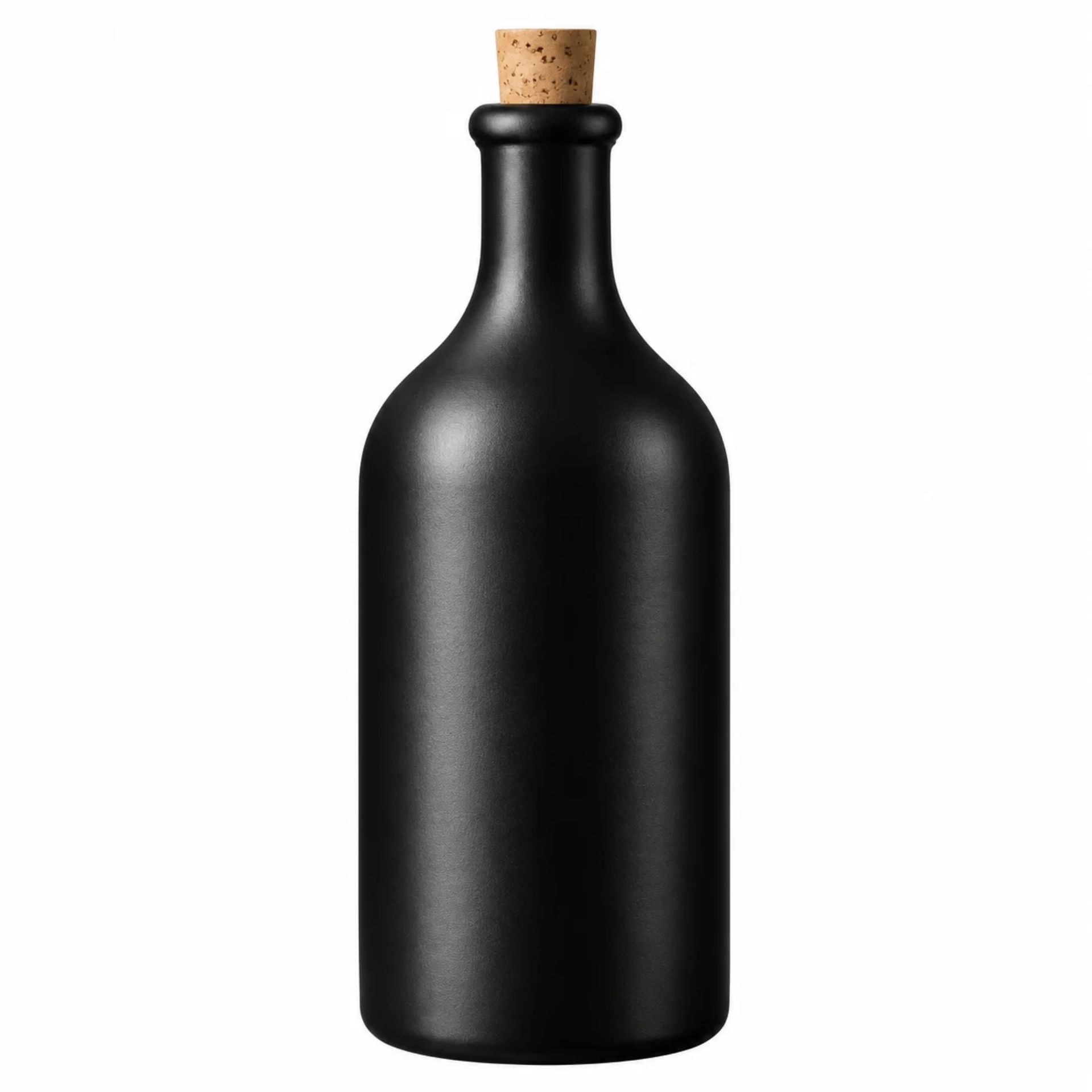 Glasflasche mit schwarzem Korkverschluss, isoliert auf weißem Hintergrund – ideal für Getränke oder Dekoration.