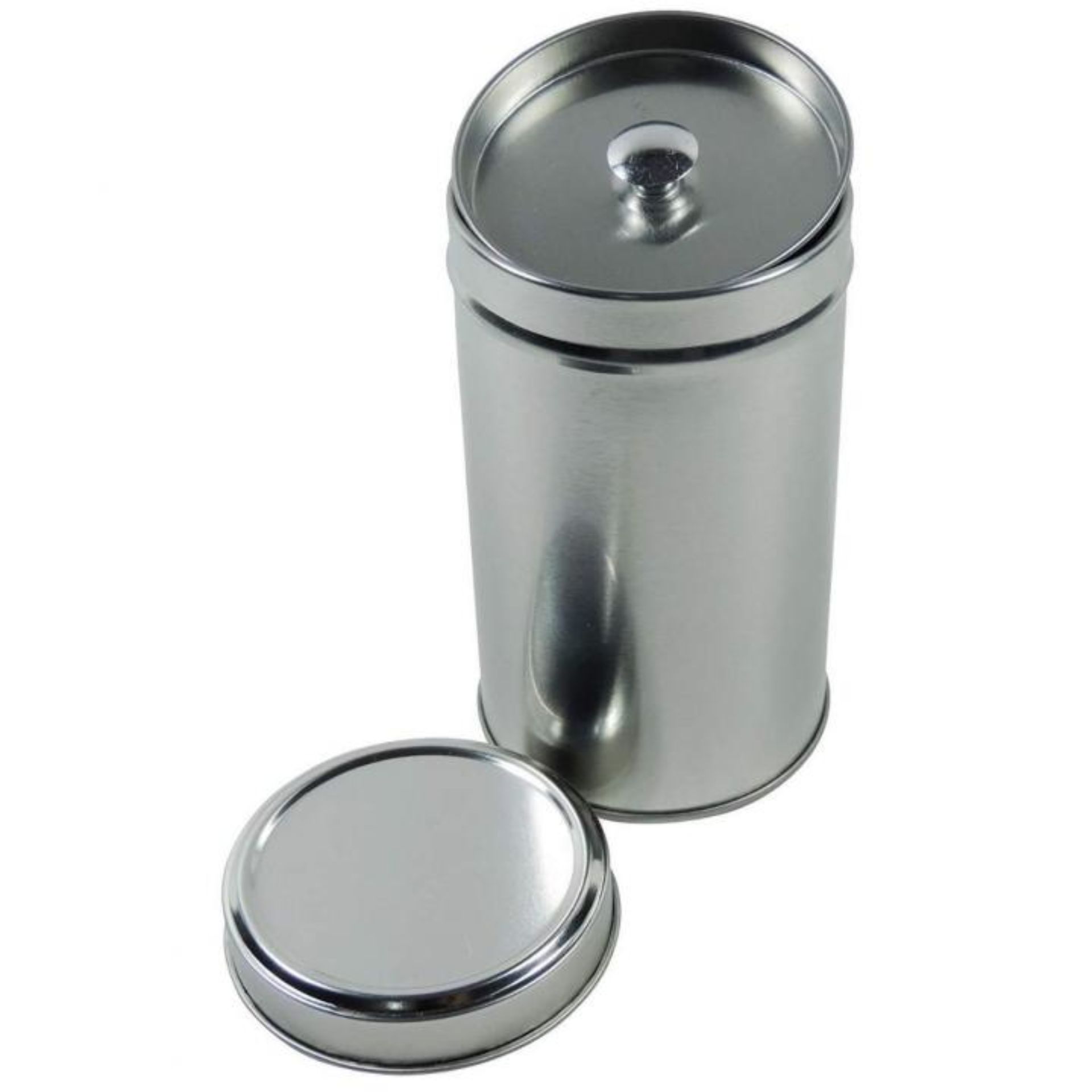 Teedose rund 6,5 x 10,7 cm, Vorratsdose mit Aromadeckel, ideal zur Aufbewahrung von Tee, aus Metall, silberfarbenes Design.