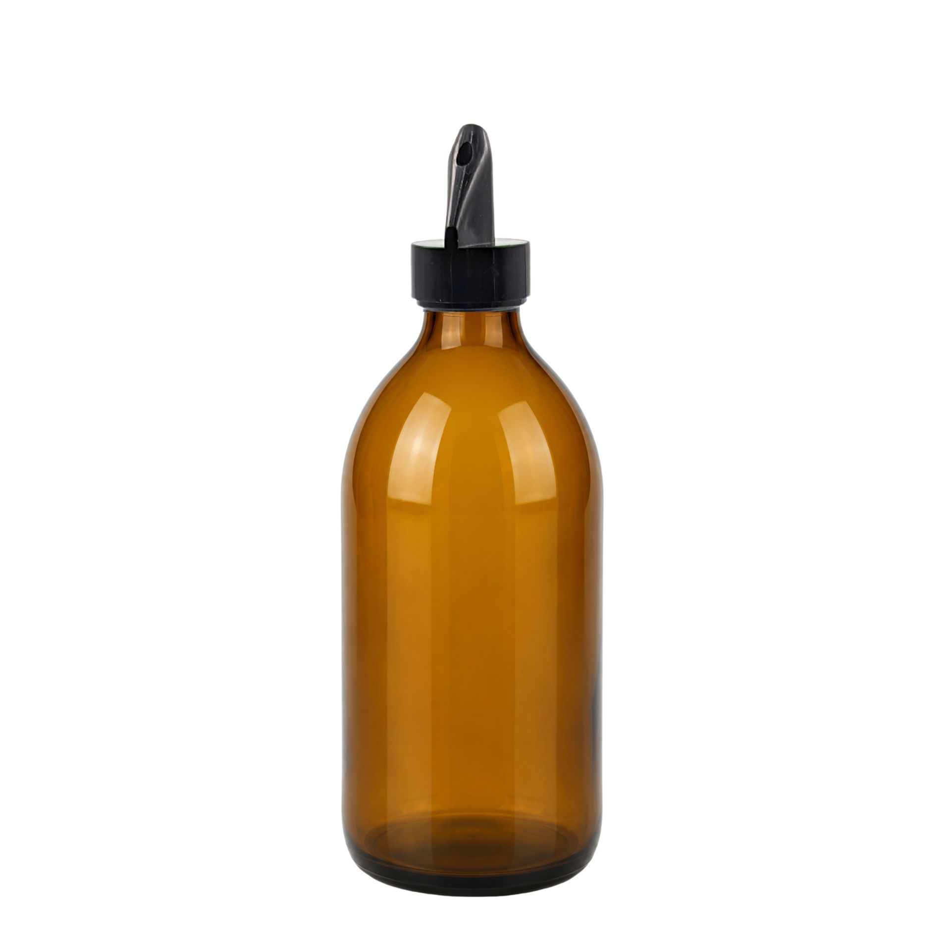 Leere 500-ml-Glasflasche aus klarem Glas mit Schraubverschluss, stehend auf weißem Hintergrund.