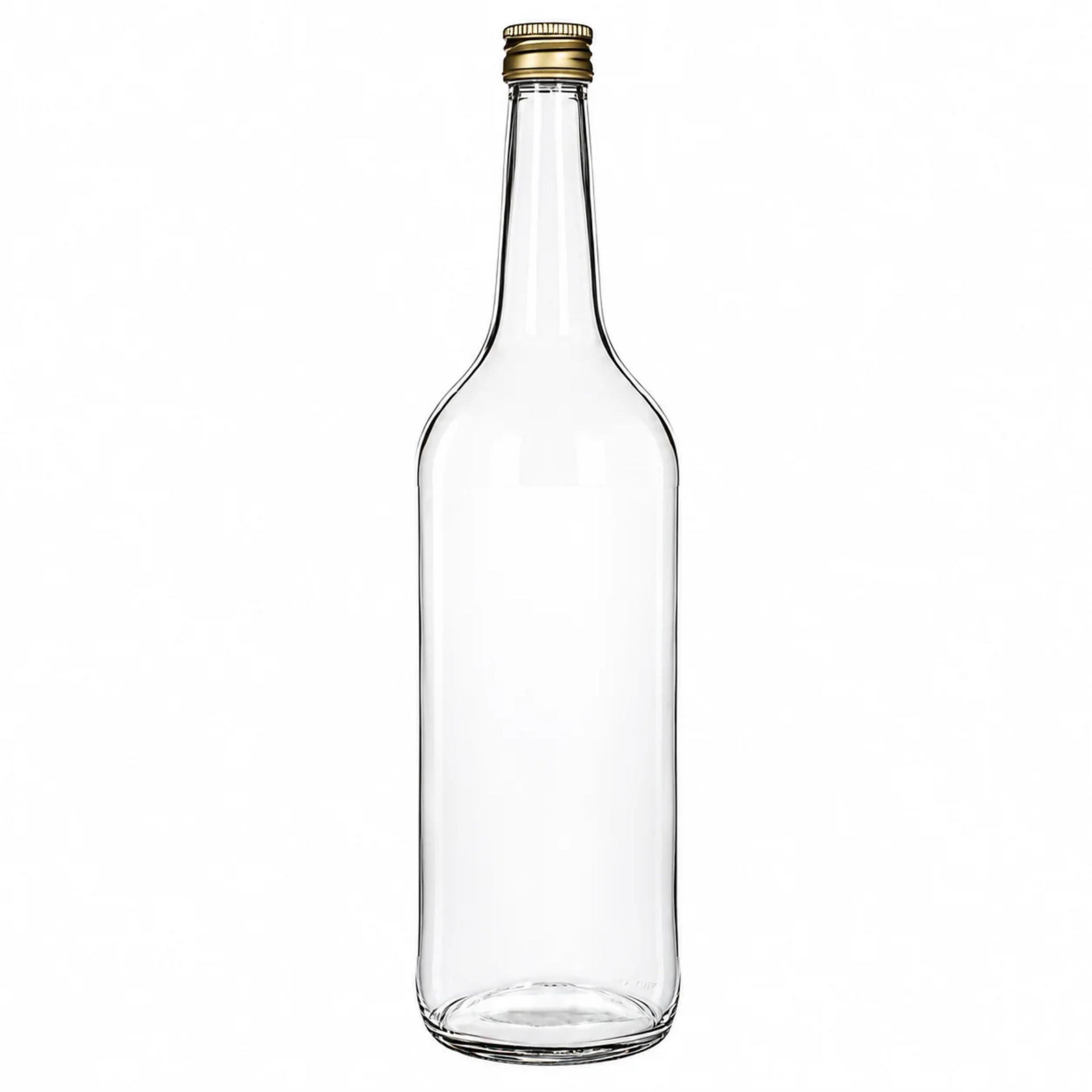 1000-ml-Glasflasche mit goldfarbenem Schraubdeckel, stehend vor neutralem Hintergrund. Die Flasche ist zylindrisch, klar und leer.