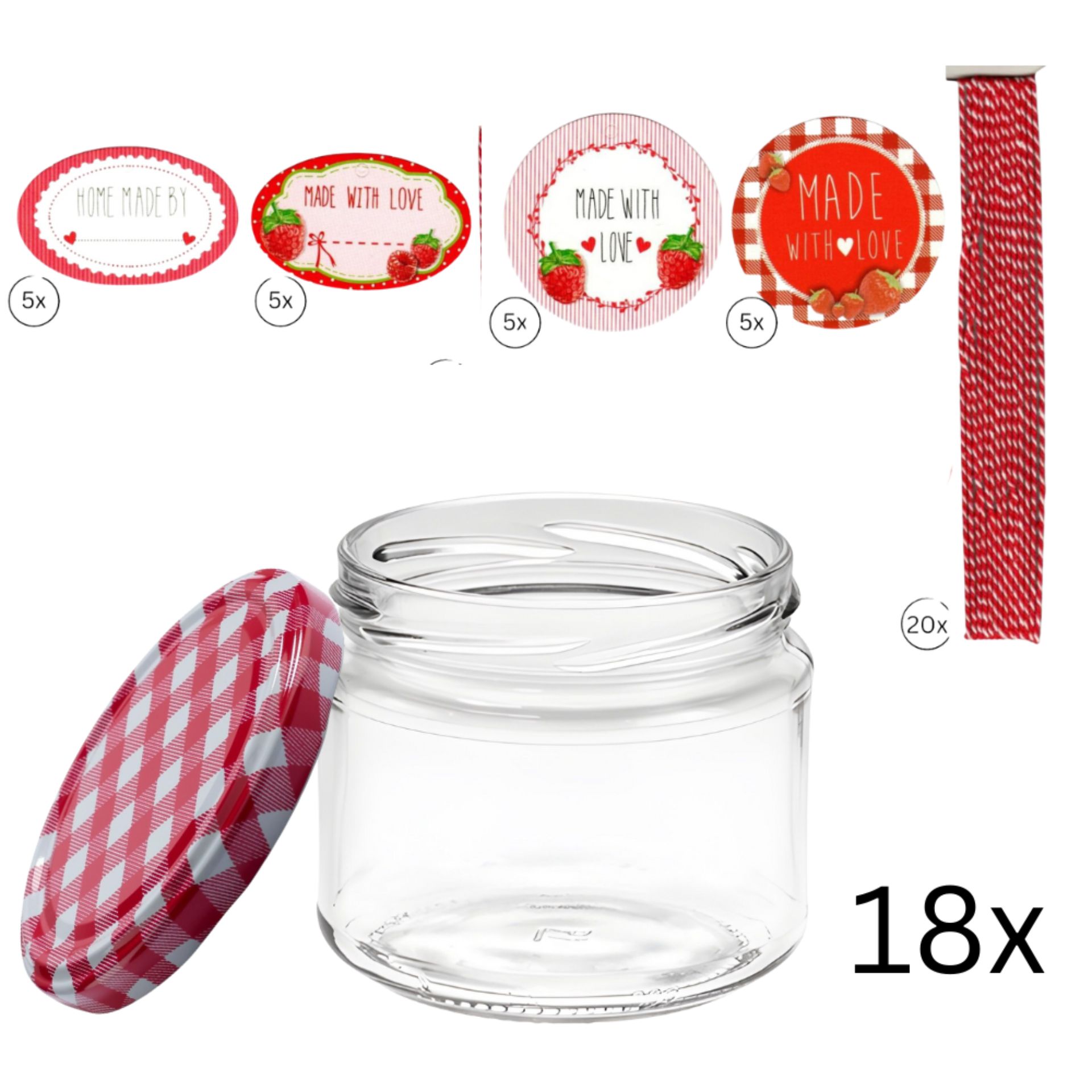 330 ml Einmachgläser Set mit rot-weiß karierten Deckeln – 18-teiliges Rundglas Vorratsgläser Set 18 leere Einmachgläser à 330 ml aus Klarglas im Set, jeweils mit rot-weiß kariertem Schraubdeckel, auf weißem Hintergrund.