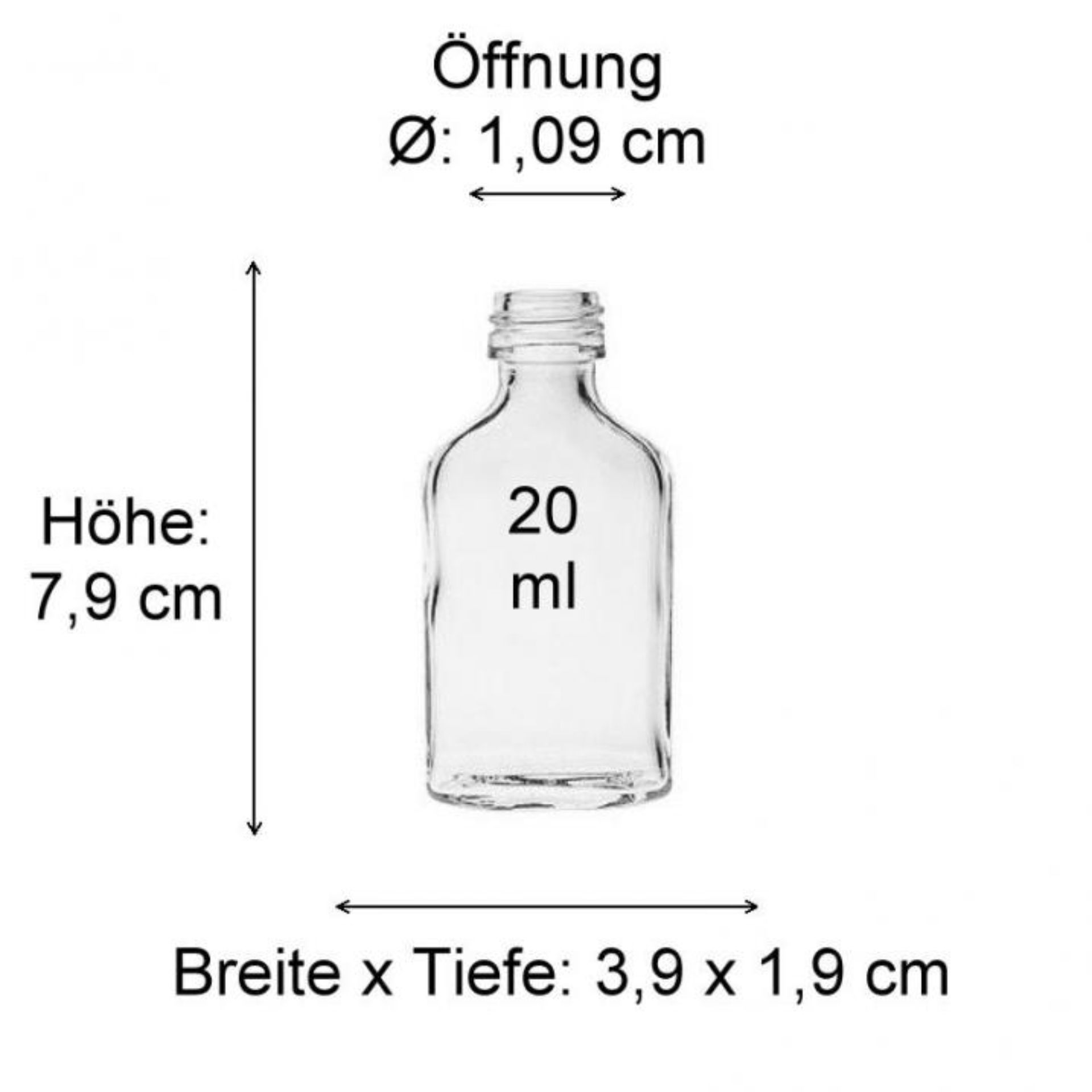 Kleine, zylindrische 20-ml-Glasflasche mit transparentem Glas und goldenem Schraubdeckel, stehend auf weißem Hintergrund.