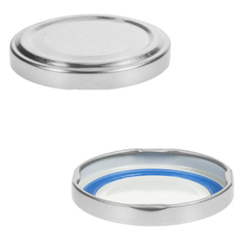 Silberner Schraubdeckel mit TO 58 BLUESEAL-Aufdruck, flache Metallkappe mit glatter Oberfläche, für Gläser und Flaschen geeignet.