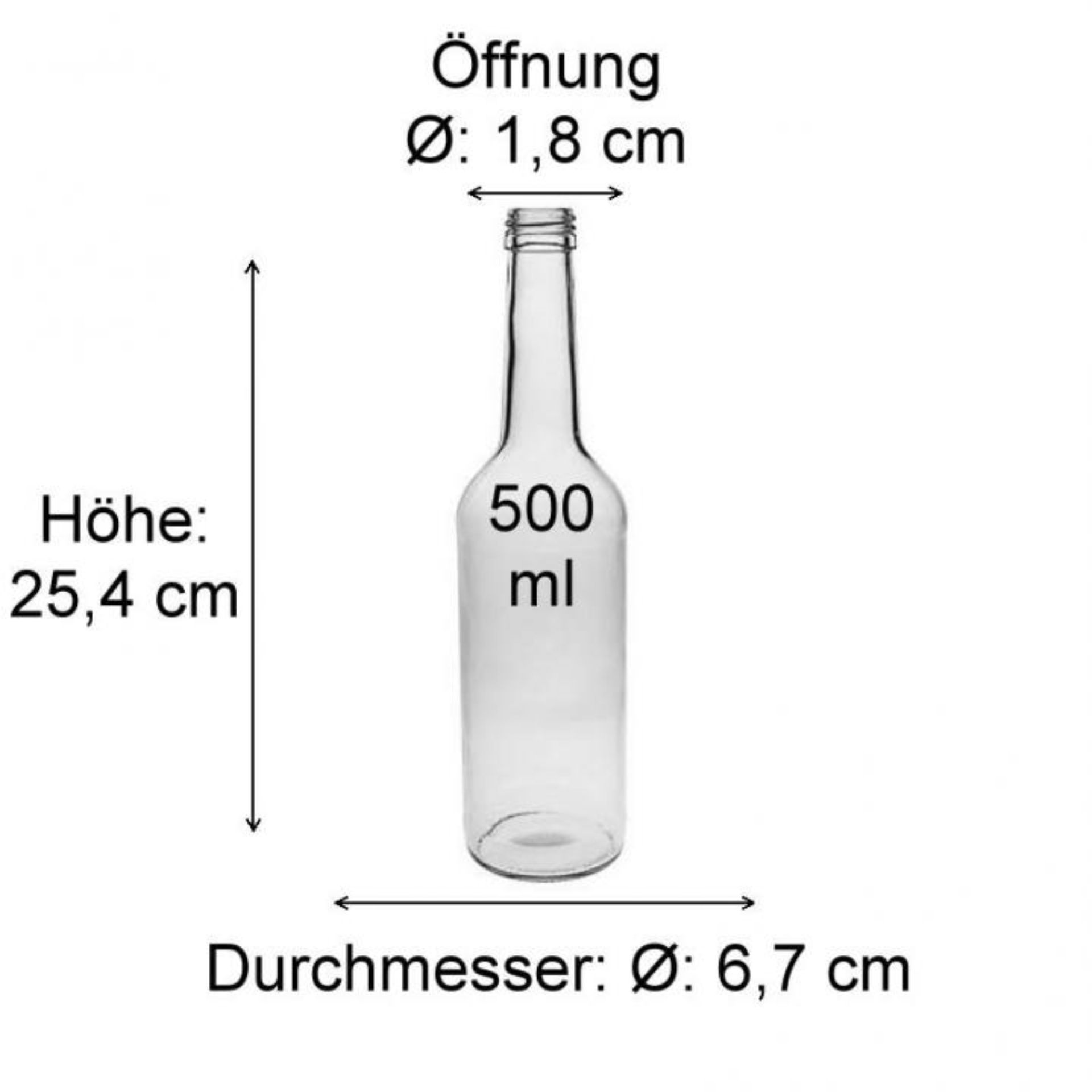 Produktabbildung: Messskizze einer Glasflasche mit detaillierten Maßen, speziell für den Getränkebereich. Ideal zur Produktplanung und -visualisierung.