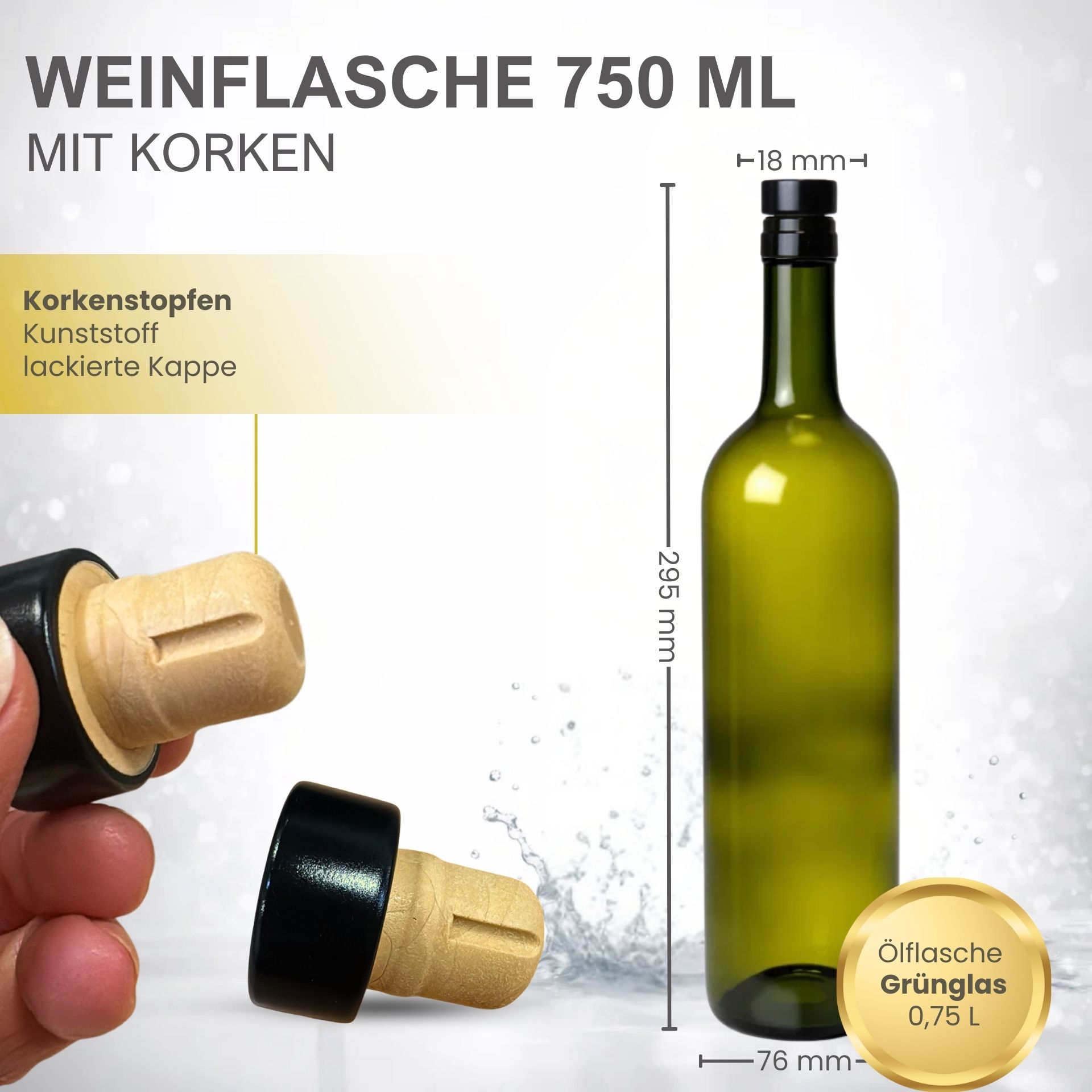 Weinflaschen grün Set 6x750 ml mit Korken Schwarz