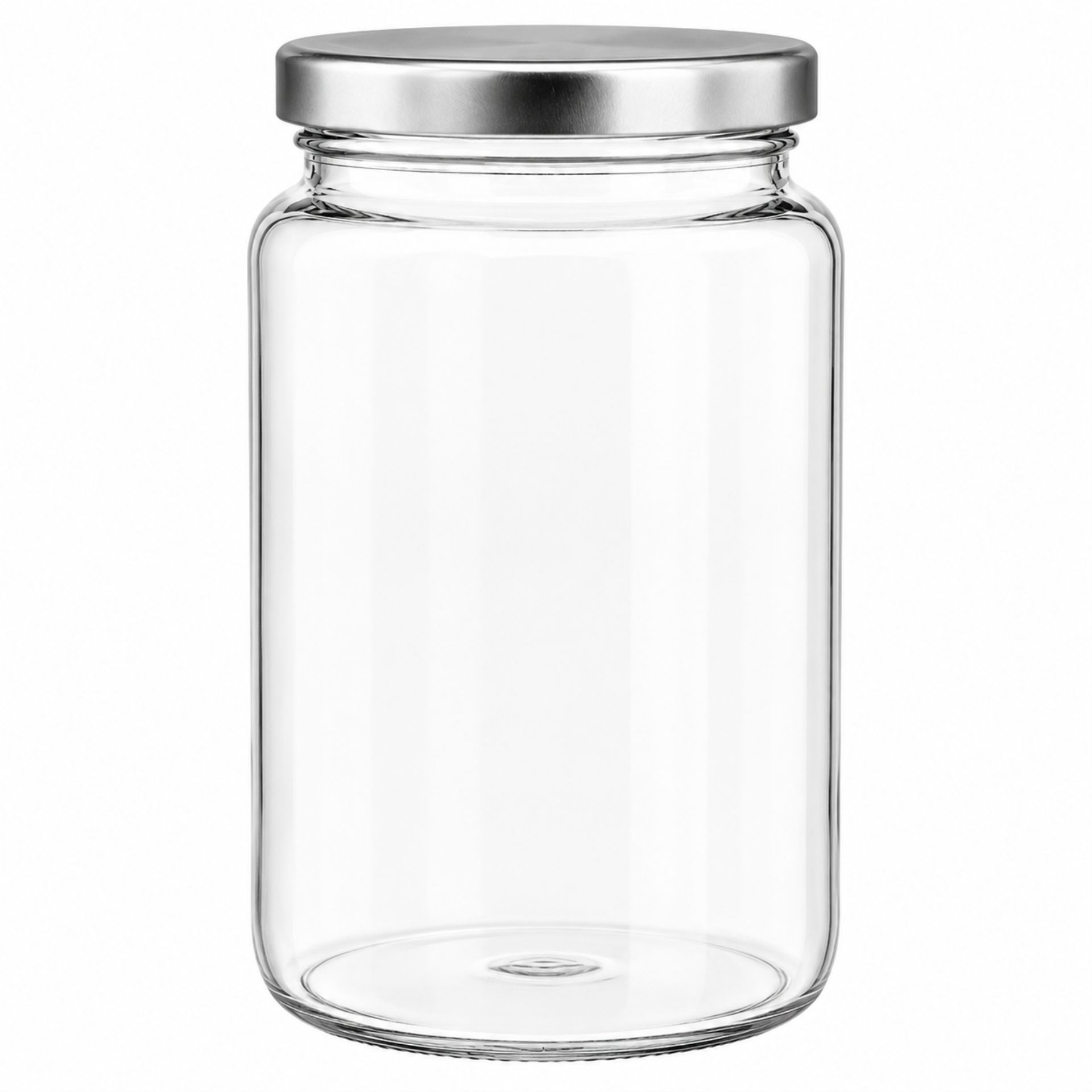 Großes, transparentes Einmachglas aus Glas mit silbernem Twist-Off-Deckel, Fassungsvermögen 1700 ml, stehend auf weißem Hintergrund.