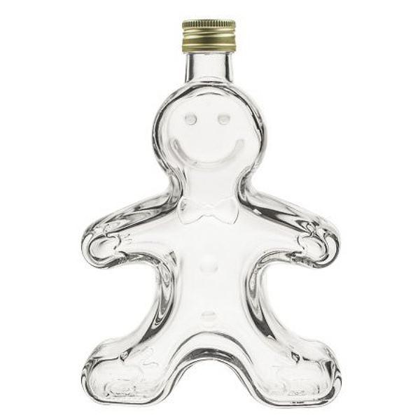 250 ml Glasflasche mit Lebkuchenmann-Prägung und Schraubdeckel in Gold oder Silber Glasflasche 250 ml in Form eines Lebkuchenmanns mit gold- oder silberfarbenem Deckel, ideal für festliche Anlässe oder als Geschenkverpackung.