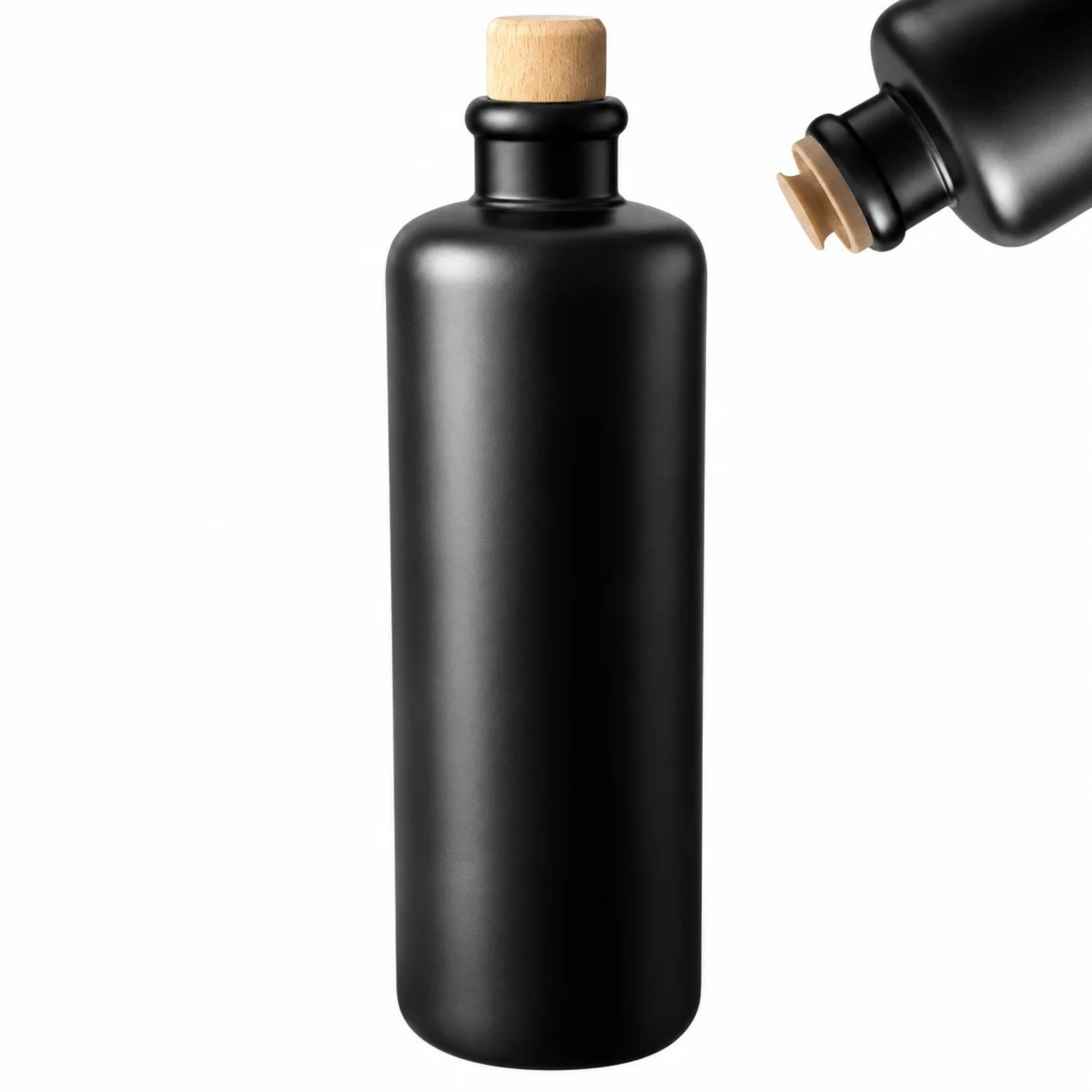 Ölflasche 500 ml Steingut schwarz mit Ausgießer und Holzkappe