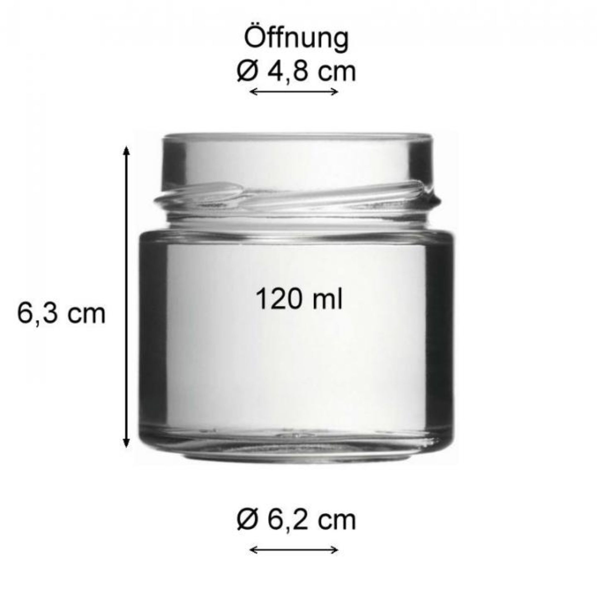 Ein leeres, transparentes Einmachglas aus Glas mit einem Fassungsvermögen von 120 ml, ausgestattet mit einem aufgelegten, silberfarbenen Schraubdeckel; das Glas steht aufrecht vor neutralem, hellgrauem Hintergrund.