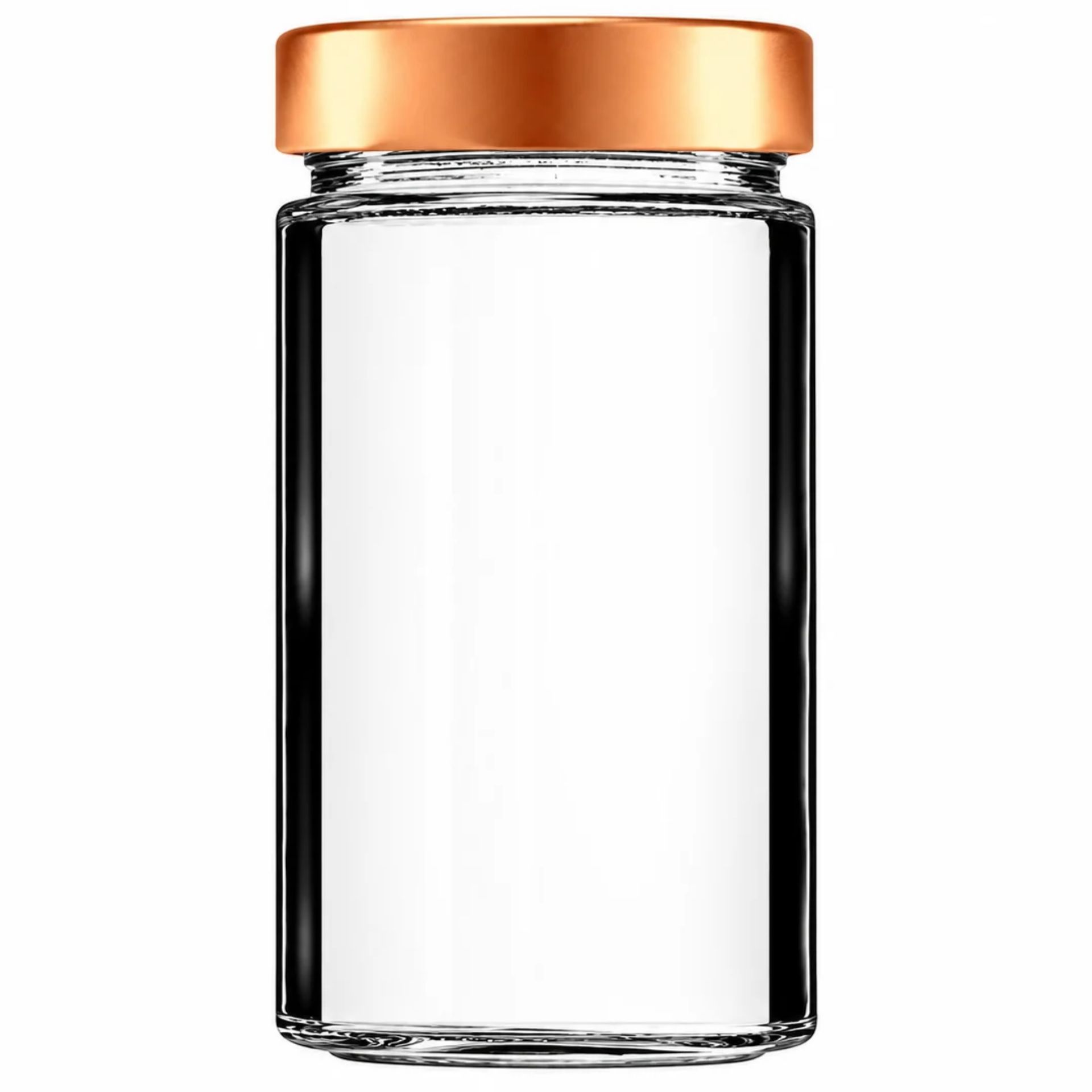 Ein leeres Einmachglas mit 720 ml Fassungsvermögen, versehen mit einem kupferfarbenen Schraubdeckel, vor neutralem Hintergrund.