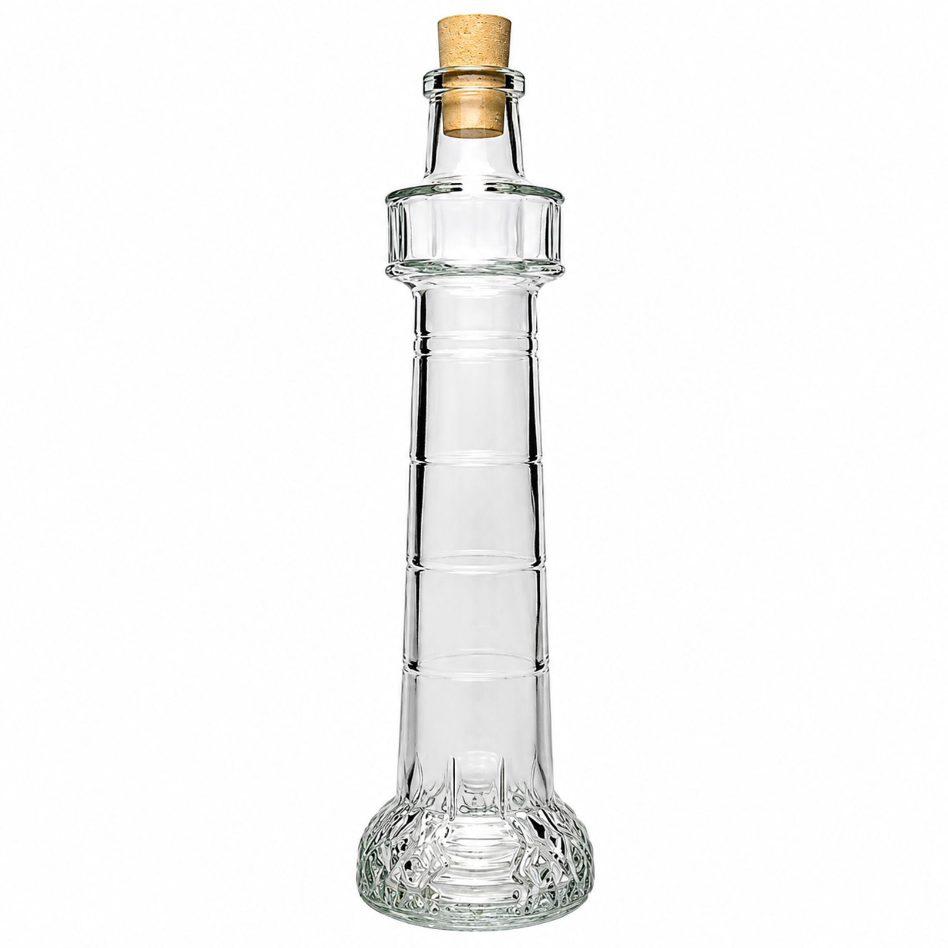 Glasflasche 200 ml in Leuchtturmform mit Korken, ideal für dekorative Zwecke und Aufbewahrung von Flüssigkeiten.