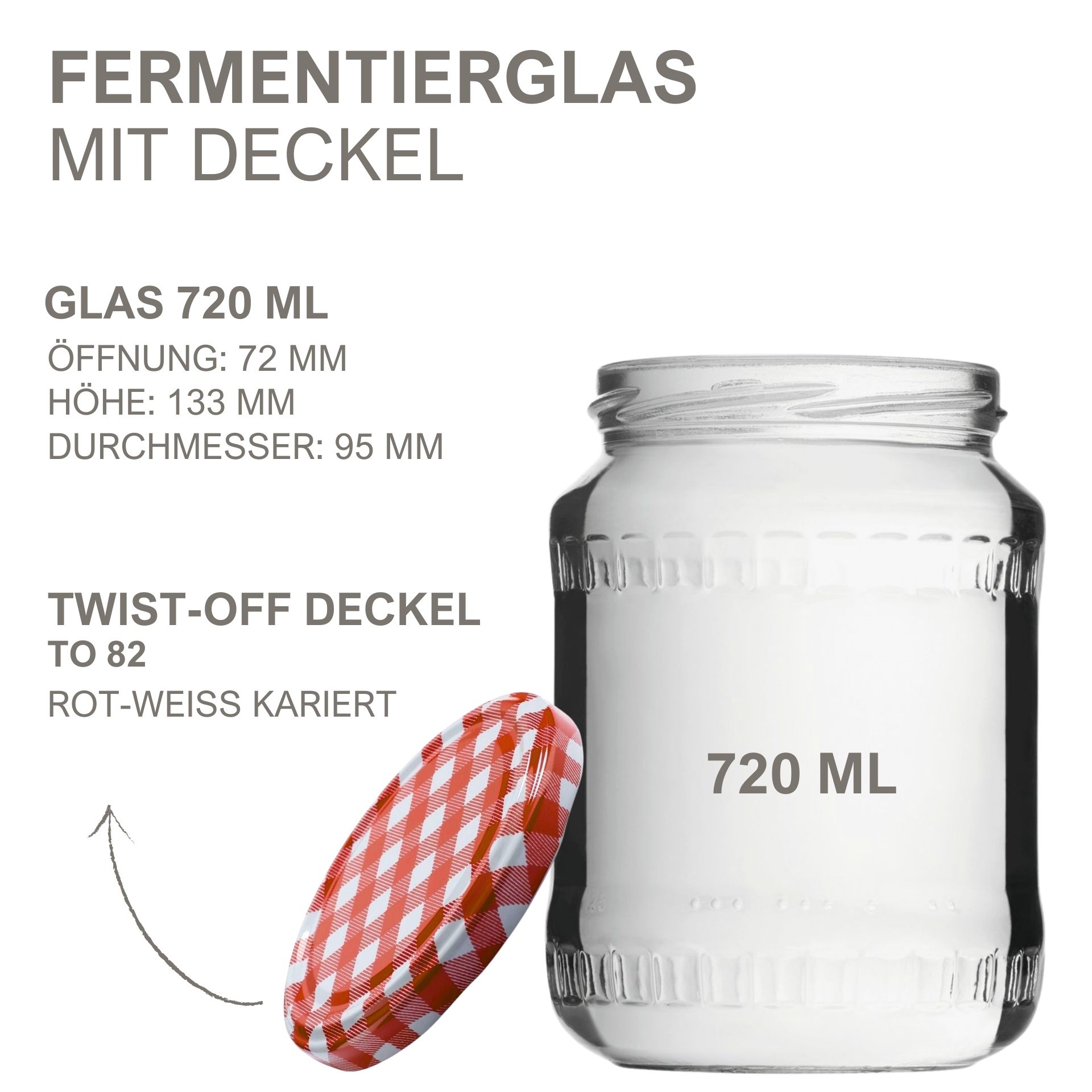 Fermentier-Set bestehend aus sechs 720-ml-Gläsern mit Schraubdeckeln, einem Gärgitter, einem Holzstößel und Zubehör, auf einem weißen Hintergrund arrangiert.