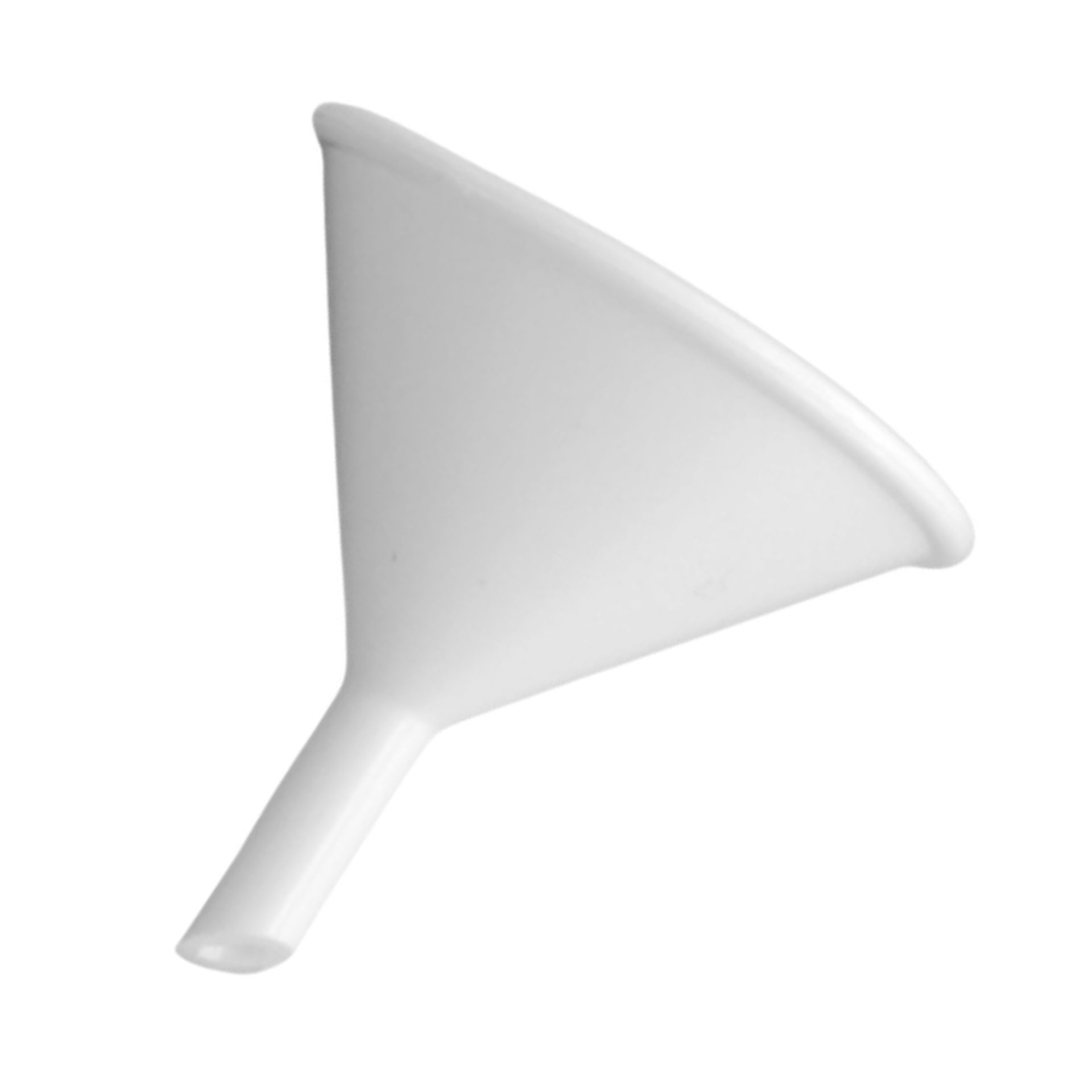 Weißer Kunststofftrichter 3 cm – Einfülltrichter für Flaschen, Gläser und Dosen Weißer Kunststofftrichter mit schmalem Ausguss und breitem Einfüllrand, Durchmesser 3 cm, stehend auf weißem Hintergrund.