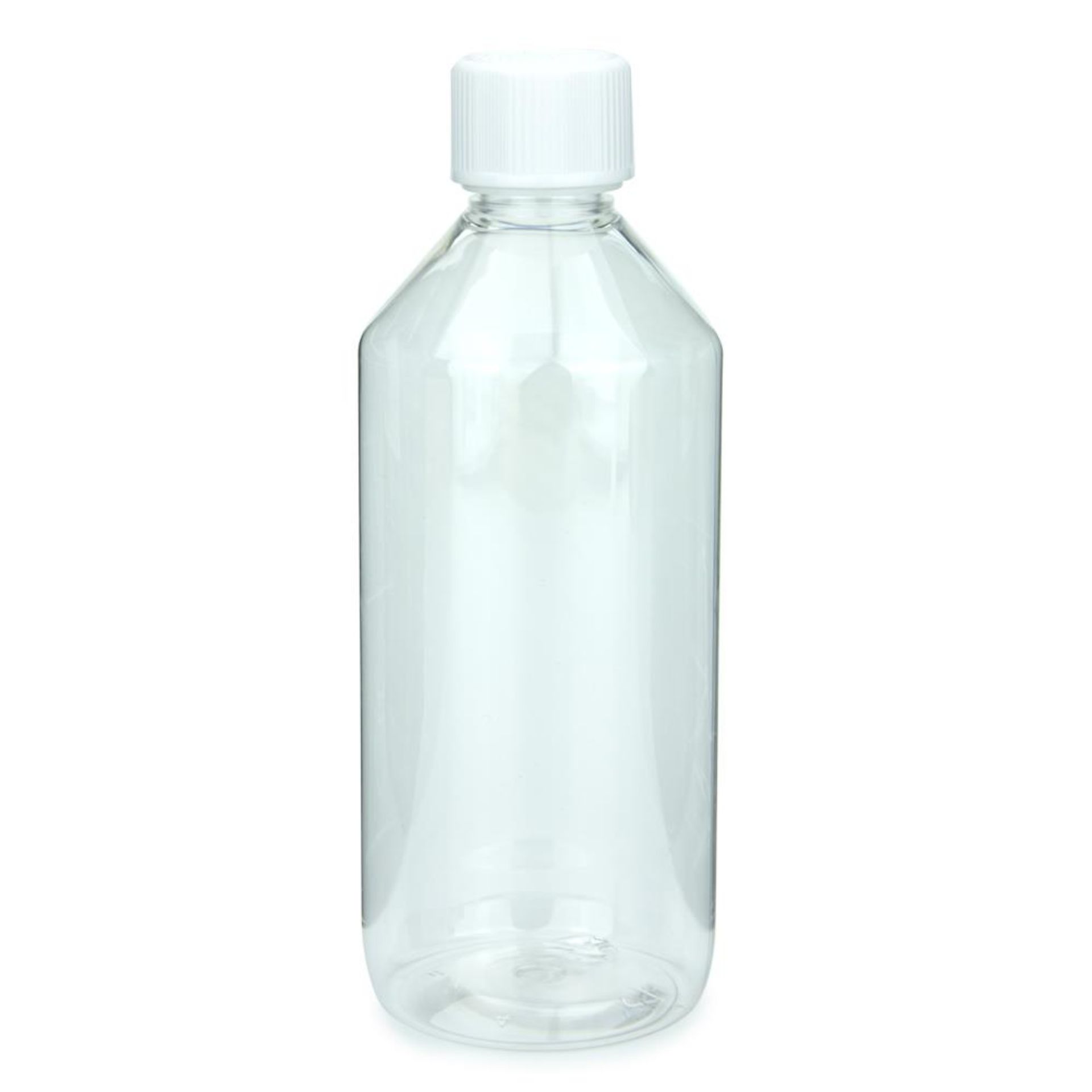Durchsichtige 1000-ml-Laborflasche aus PET mit Schraubverschluss und transparentem Ausgießer, stehend vor weißem Hintergrund.