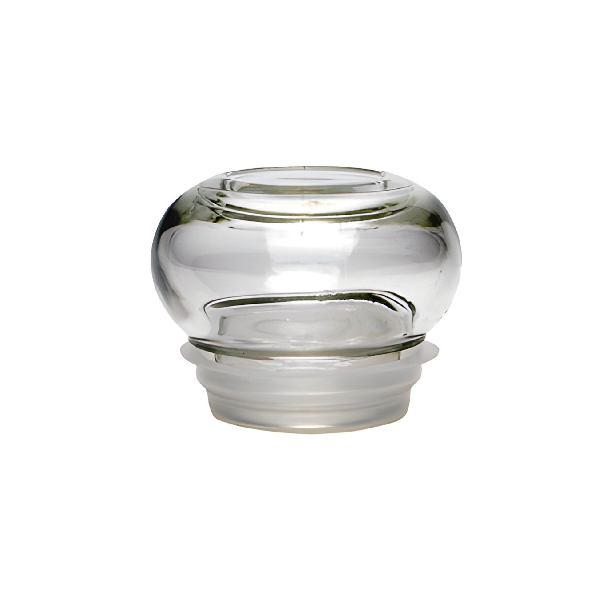 Glasstopfen aus transparentem Glas mit rundem Griff auf weißem Hintergrund.