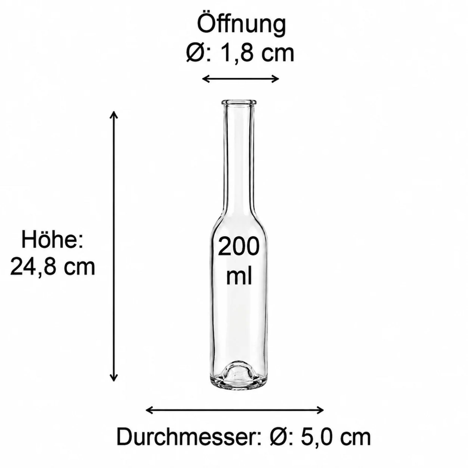 Bild zeigt eine Abmessungsskizze einer Flasche aus der Produktkategorie Flaschen, Gläser und Dosen, mit detaillierten Maßen zu Höhe, Durchmesser und Volumen, bereitgestellt von flaschen-glaeser-und-dosen.de.