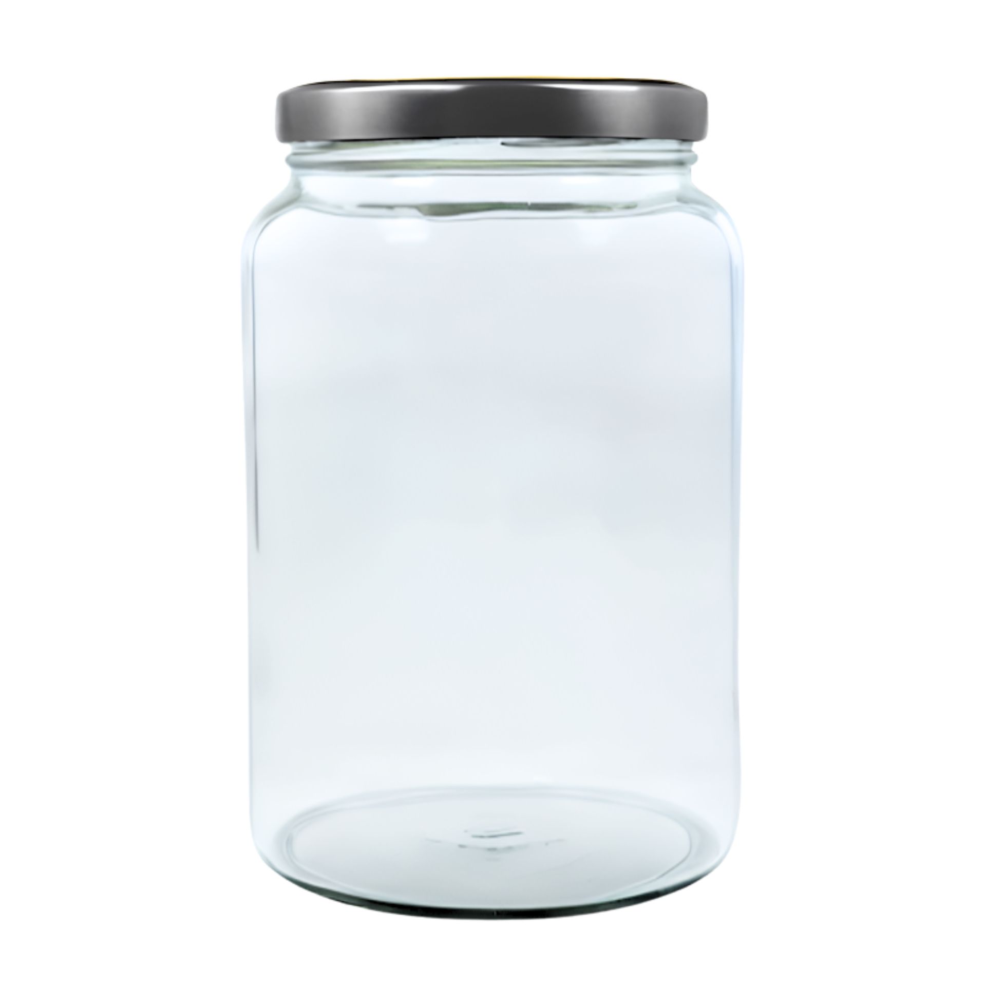 Großes, transparentes Einmachglas aus Glas mit silbernem Twist-Off-Deckel, Fassungsvermögen 1700 ml, stehend auf weißem Hintergrund.