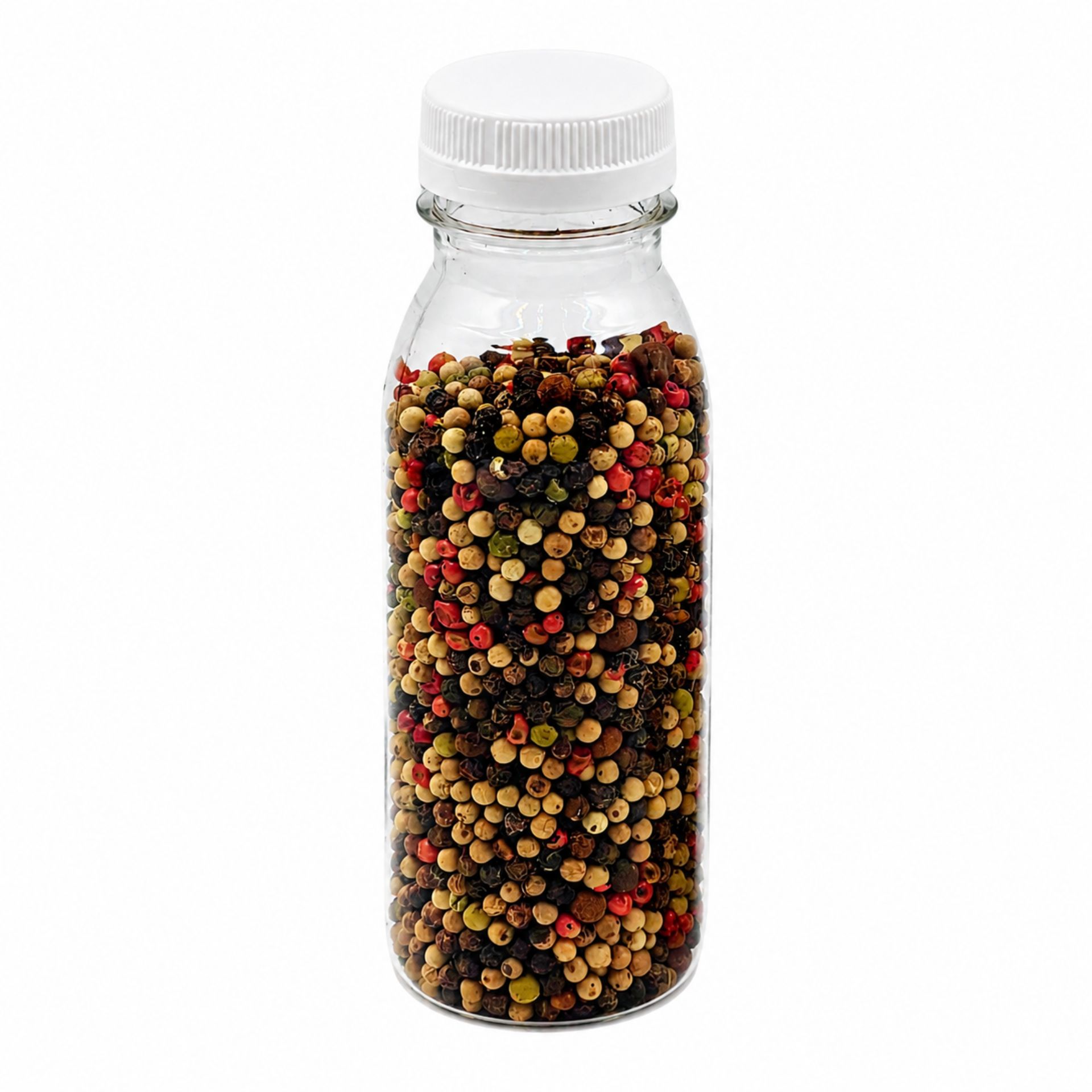 250-ml-Smoothieflasche aus transparentem Kunststoff mit weißem Schraubverschluss, stehend auf weißem Hintergrund.