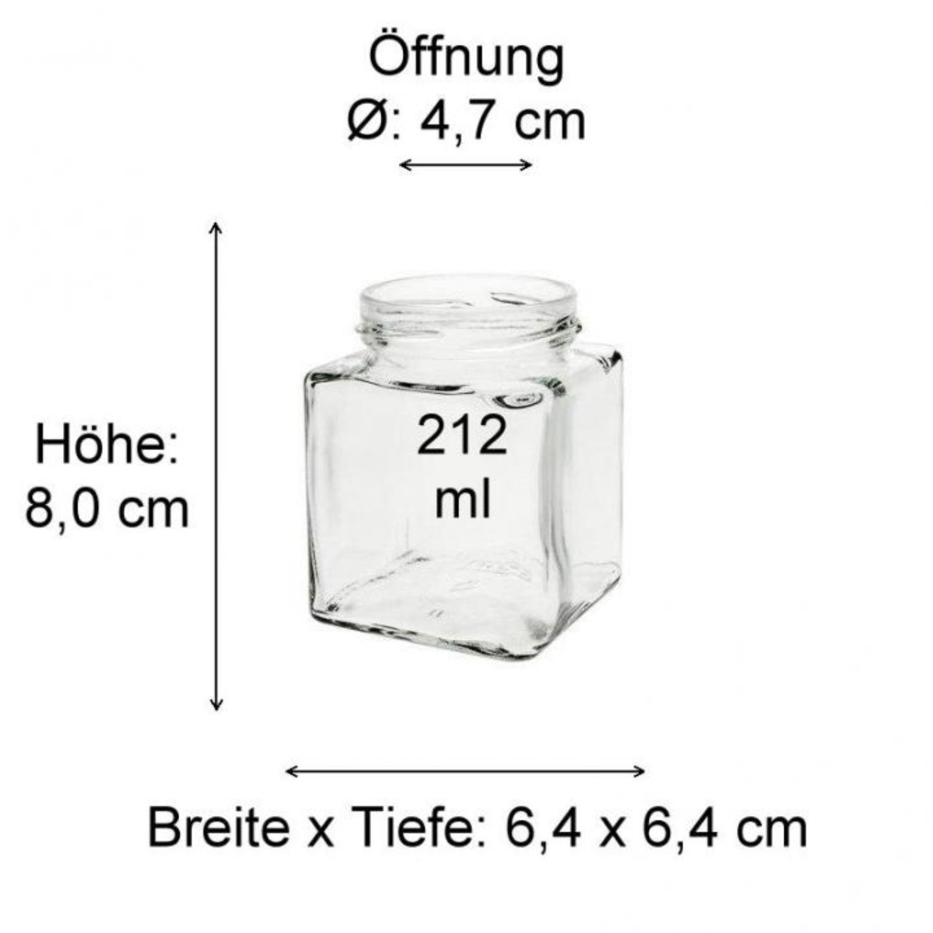 Quadratglas 212 ml mit Maßeinheiten, ideal für das Abfüllen von Lebensmitteln und Flüssigkeiten - Hochauflösende Produktabbildung.