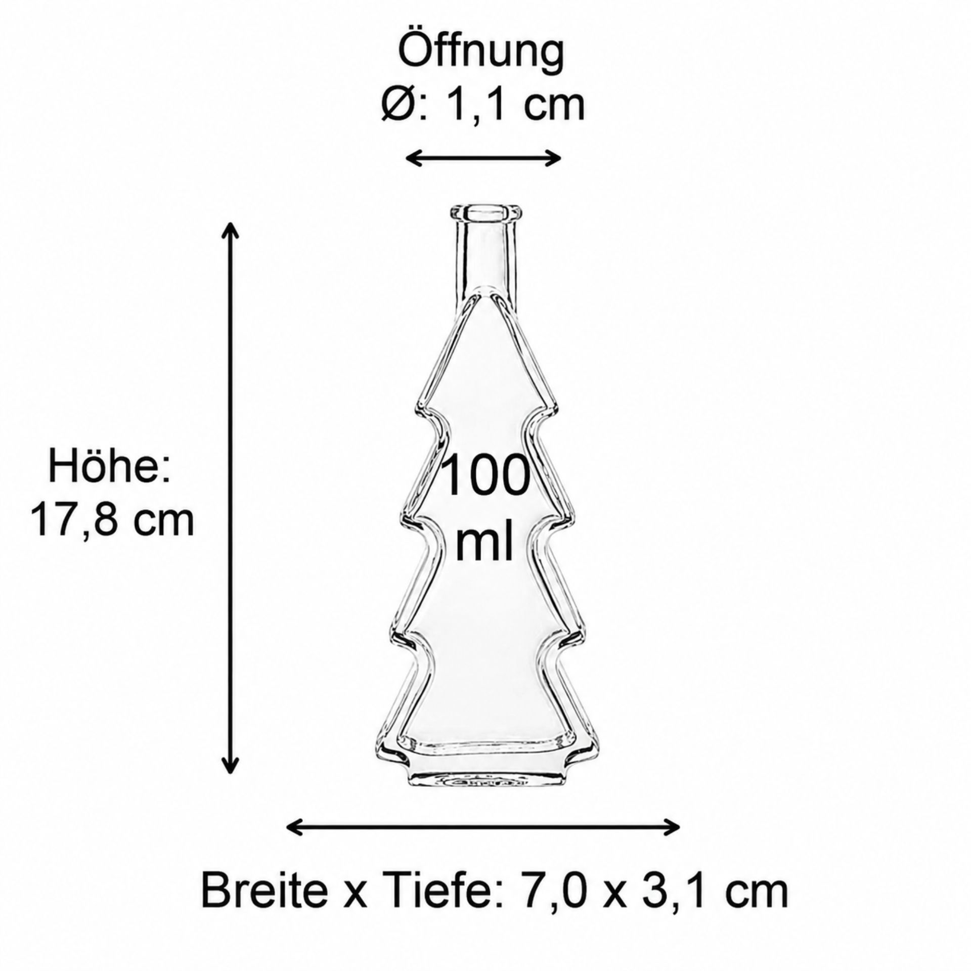 Produktbild eines klaren Glasfläschchens mit Korkverschluss und Abmessungen, angezeigt in Diagrammform inklusive Maßangaben in Millimetern. Perfekt für die Lagerung von Flüssigkeiten und dekorative Zwecke.