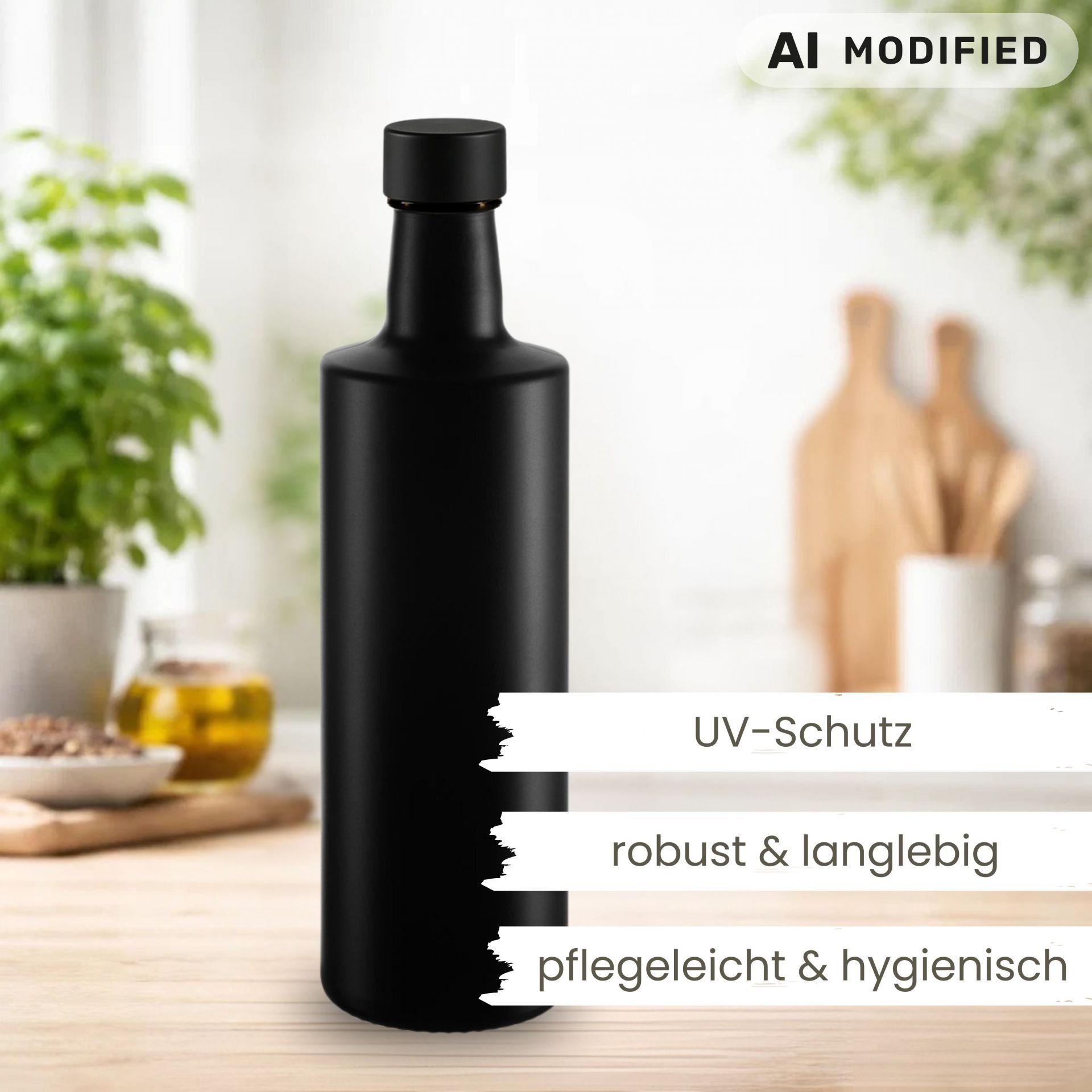 Glasflasche 500 ml rund schwarz Ölflasche Deckel Alu/Kunststoff