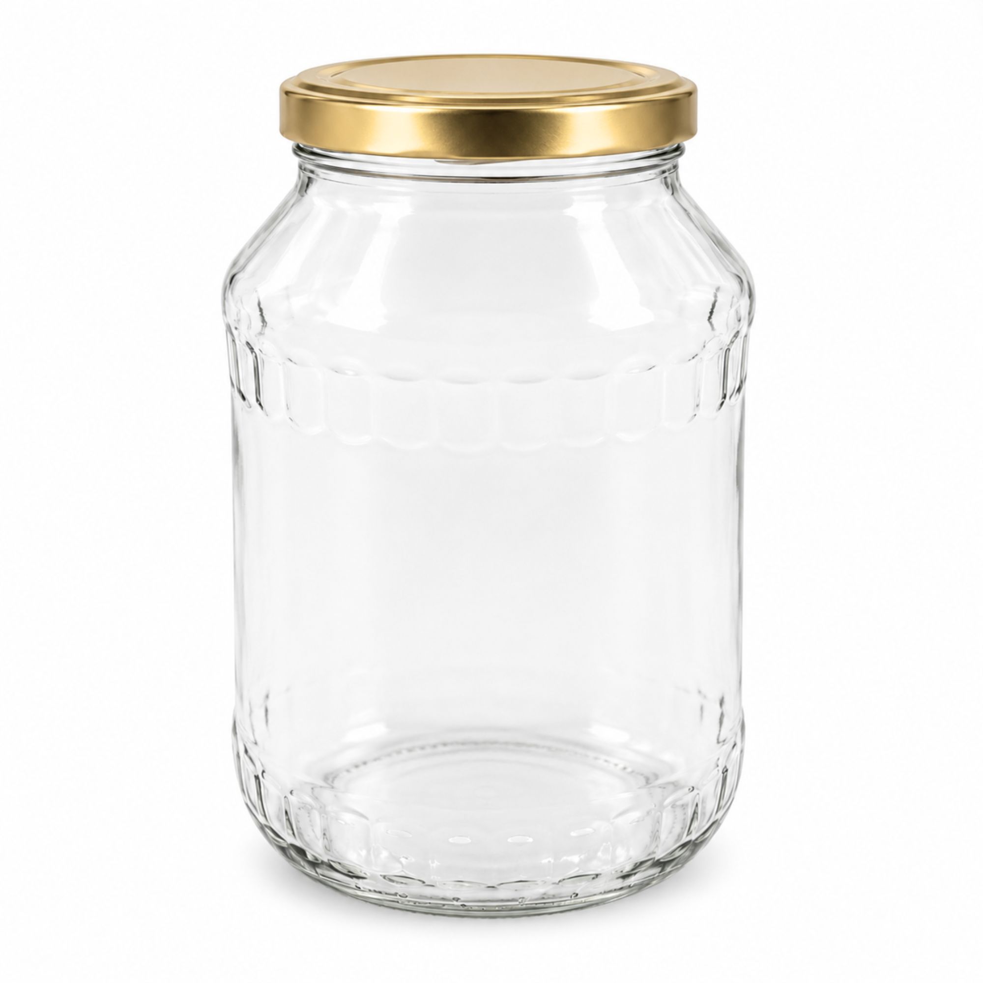 Großes, transparentes Einmachglas mit 2650 ml Fassungsvermögen aus klarem Glas, stehend auf weißem Hintergrund, mit goldenem Schraubdeckel verschlossen.
