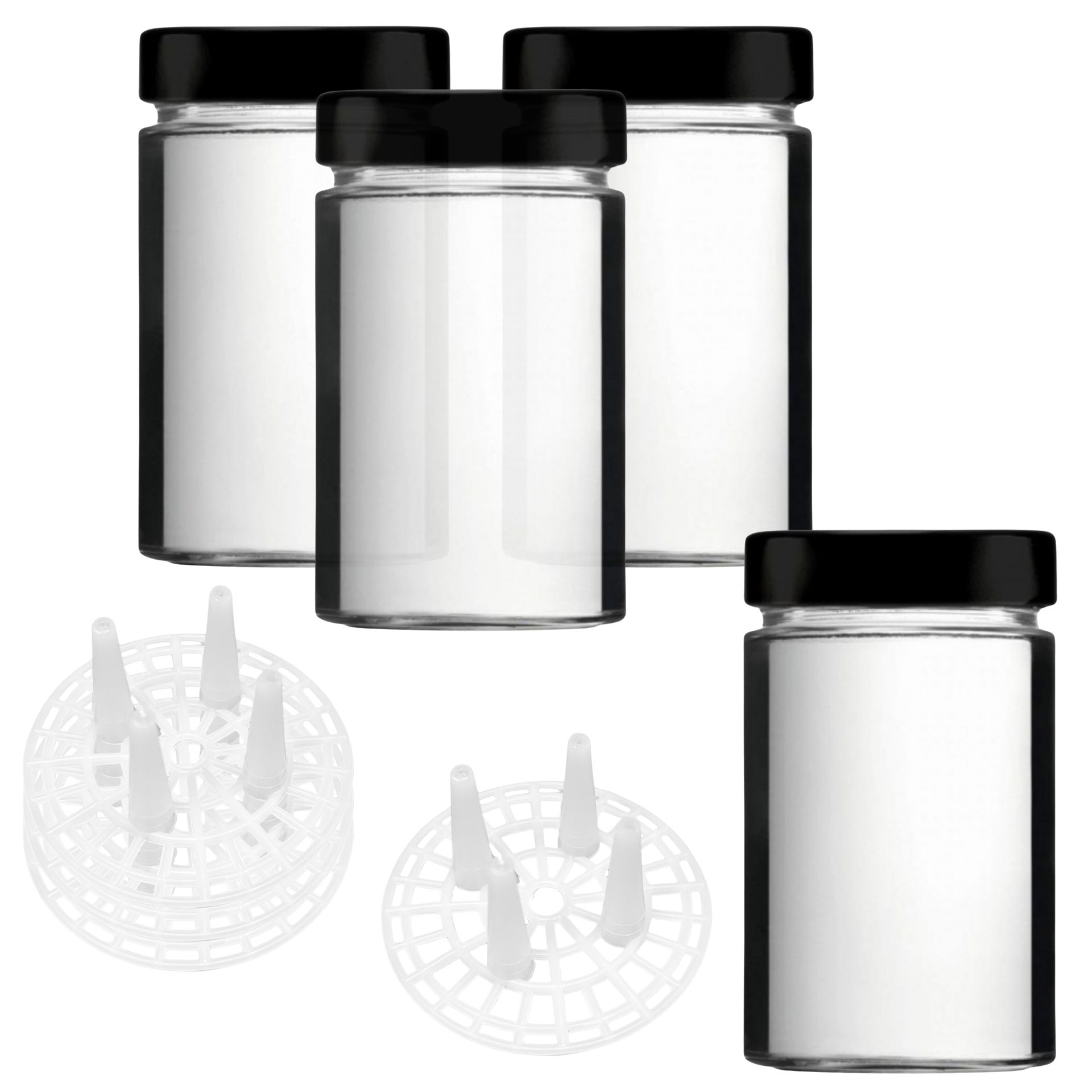 Fermentiergläser 4er Set – 580 ml Einmachgläser inkl. Fermentiergitter, Deckel in Schwarz Fermentiergläser 4er Set – 580 ml Einmachgläser inkl. Fermentiergitter, Deckel in Schwarz