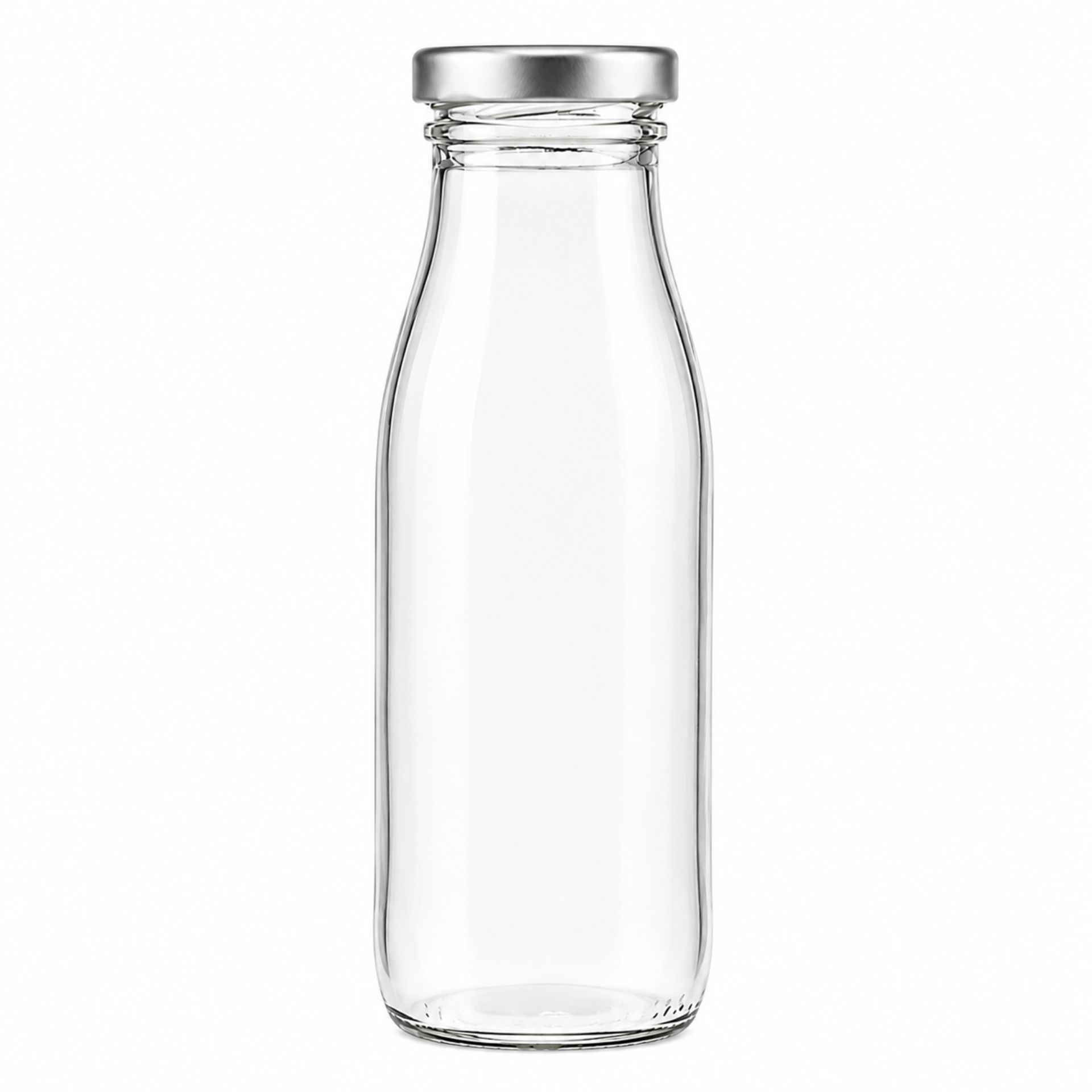 Klare 500-ml-Glasflasche in klassischer Milchflaschenform mit goldfarbenem Schraubdeckel, stehend auf weißem Hintergrund.