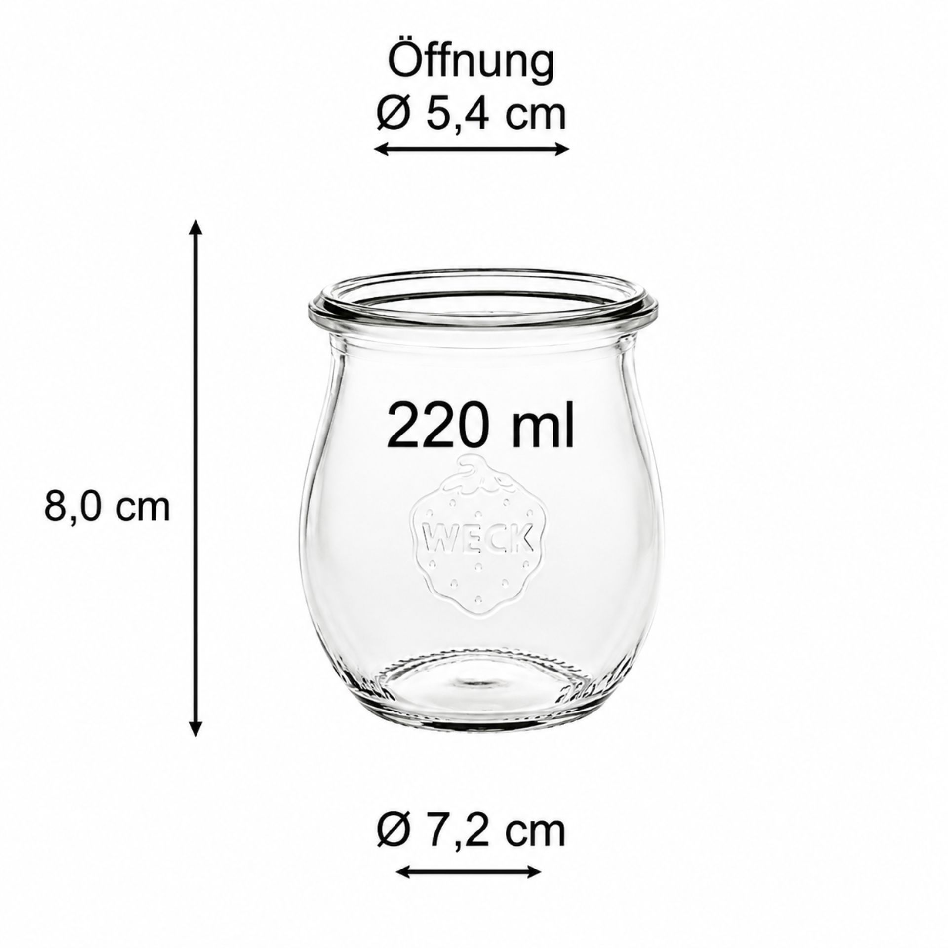 Weck Tulpenglas 220 ml Rundrandglas mit Gummiring und Klammern vor weißem Hintergrund – ideales Einmachglas für Konservierung und Aufbewahrung von Lebensmitteln.