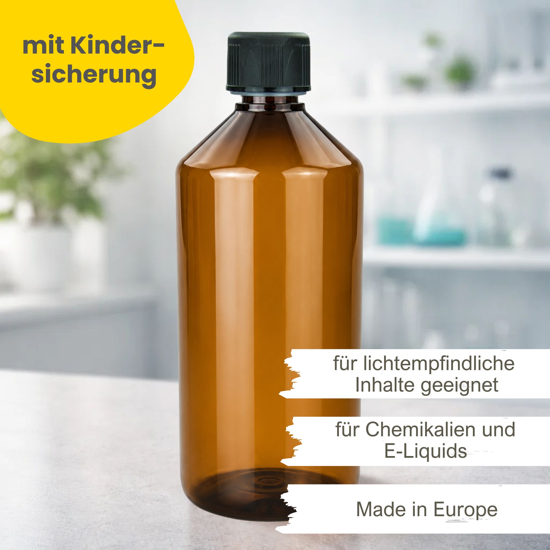 PET Flasche 1000 ml braun Laborflasche (Kindersicherung)