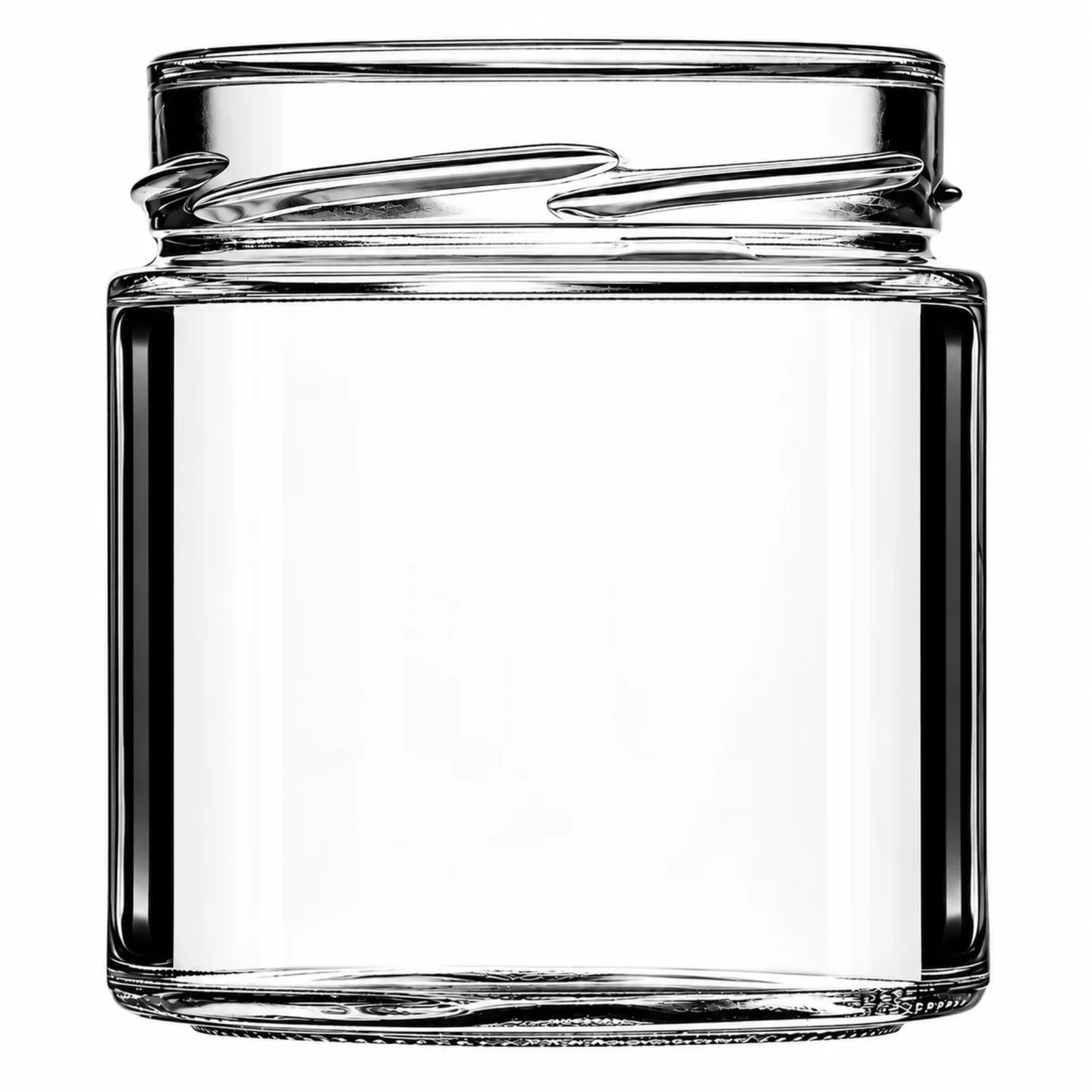 Transparente, zylindrische Vorratsdose aus Glas ohne Verschluss, mit einem Fassungsvermögen von 400 ml, stehend auf weißem Hintergrund.
