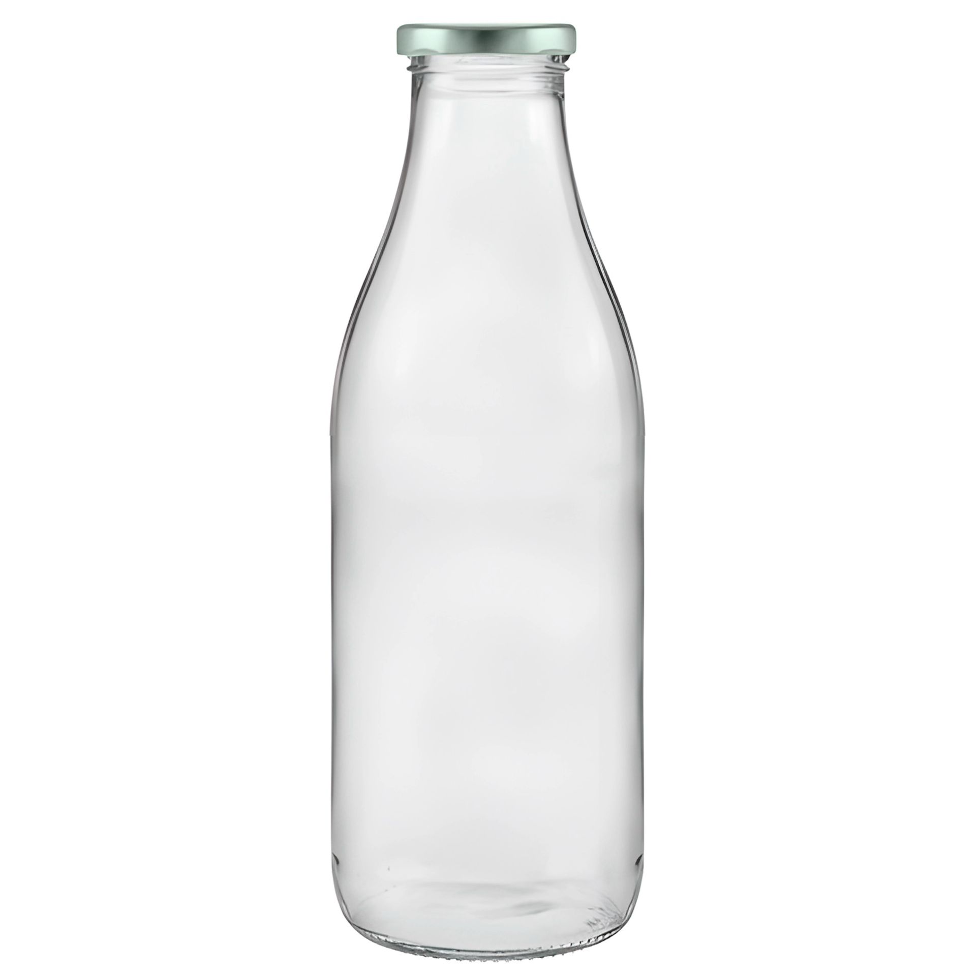 Sechs leere, transparente Einmachgläser aus Glas mit silberfarbenen Schraubdeckeln, gleichmäßig nebeneinander auf einer weißen Fläche angeordnet.