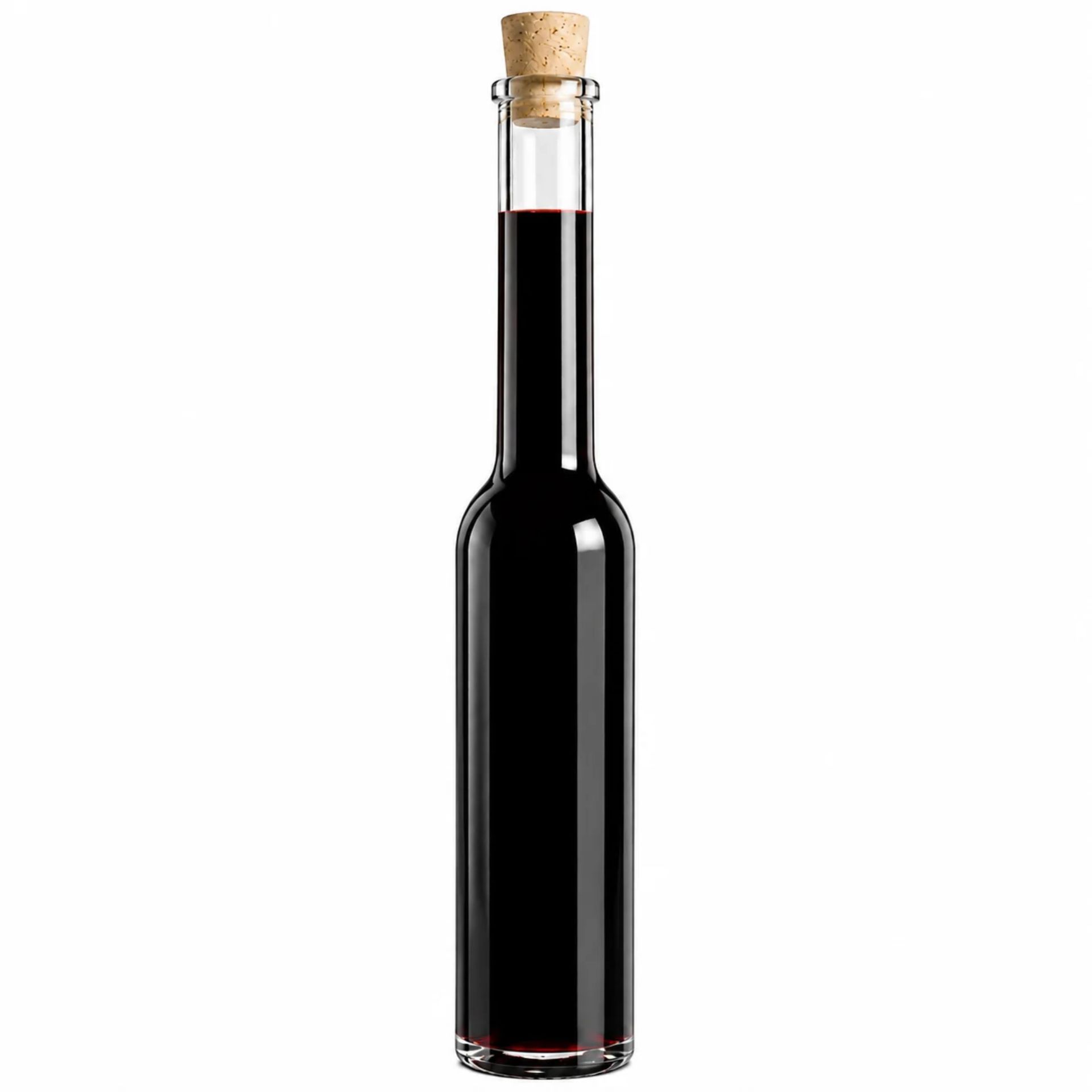 200 ml Glasflasche mit langhalsigem Design und Korken, ideale Verpackungslösung für edle Getränke, auf einem weißen Hintergrund
