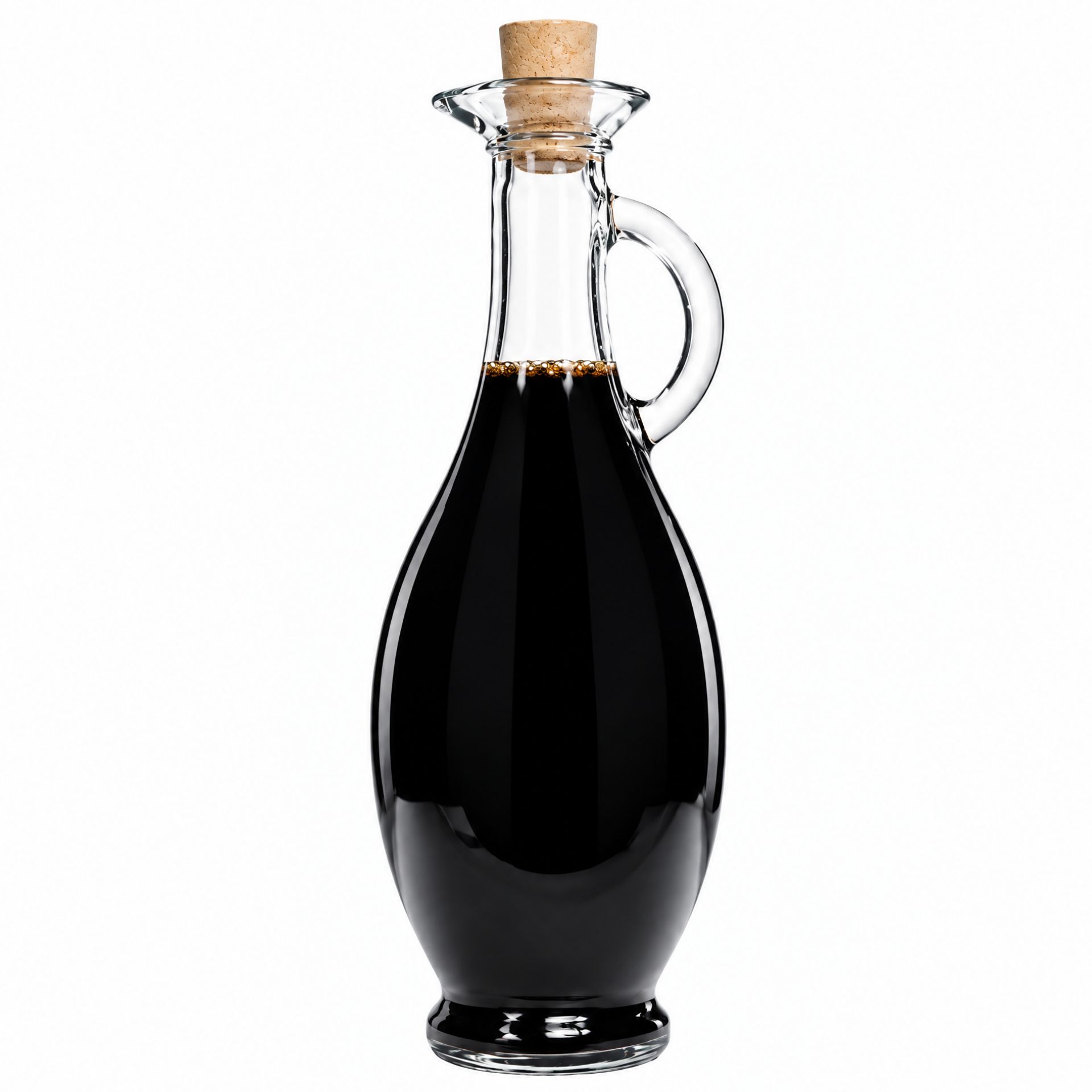 Bild einer klaren 500 ml Amphoren-Glasflasche mit Korkverschluss, ideal für Essig, Öl oder Liköre; abgebildet auf einer neutralen Hintergrundoberfläche.