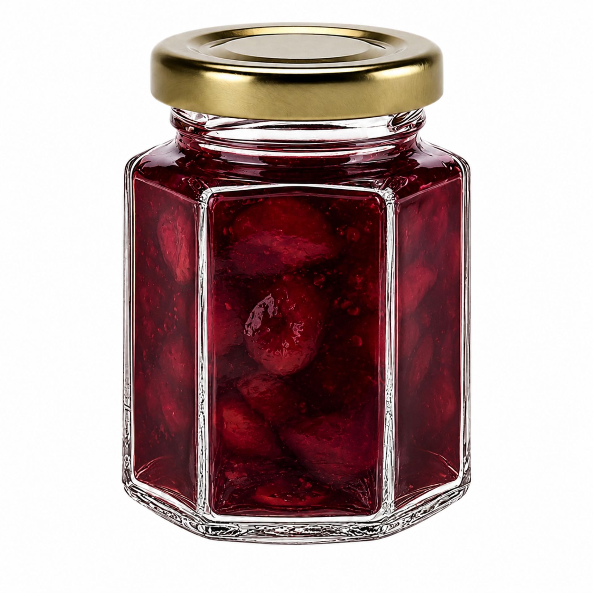 Sechseckiges Glas 110ml mit Deckel für Konfitüren oder Gewürze, Produktbild von Flaschen-Glaeser-und-Dosen.de.