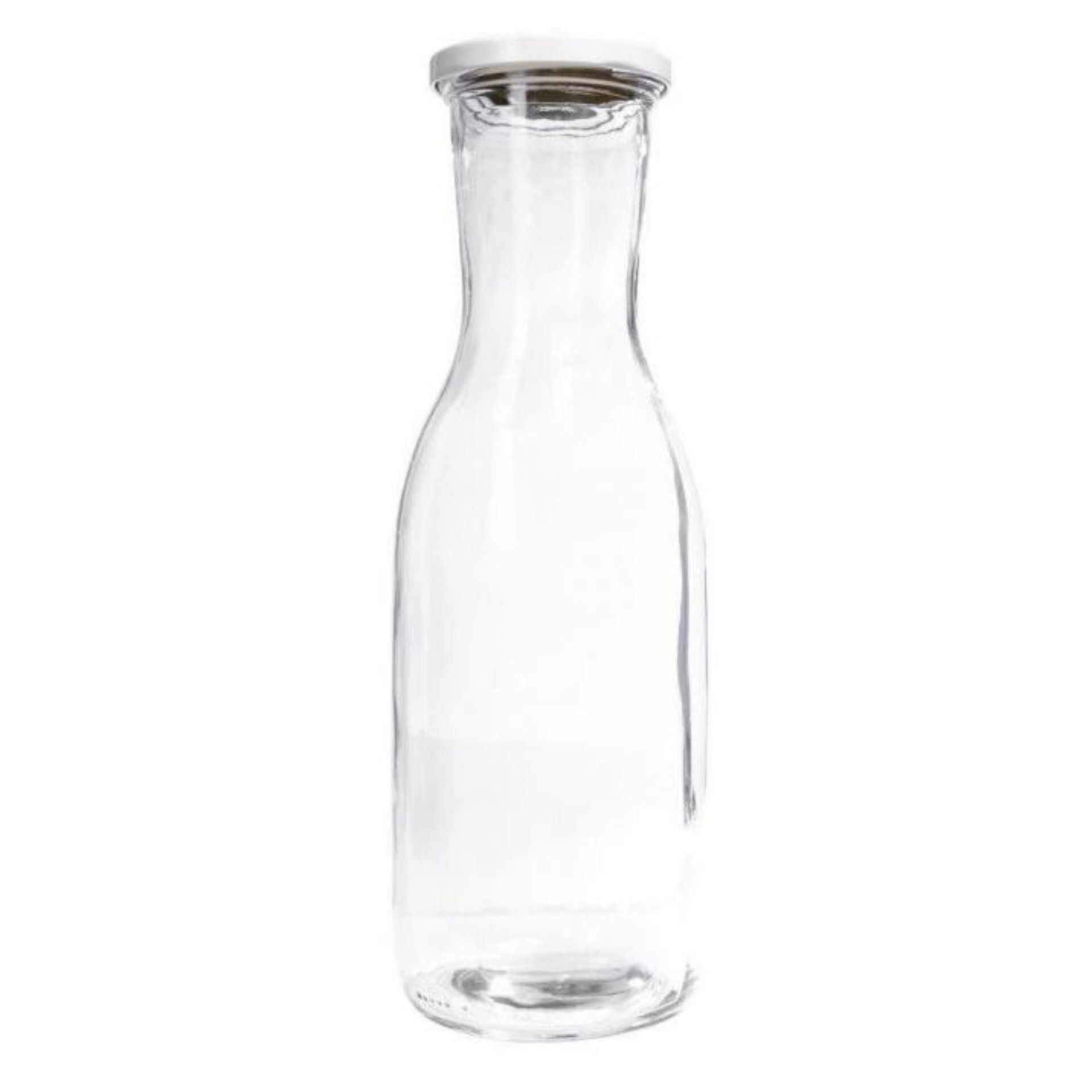 Leere, zylindrische 1-Liter-Weithalsglasflasche aus transparentem Glas mit Schraubgewinde, stehend auf weißem Hintergrund.