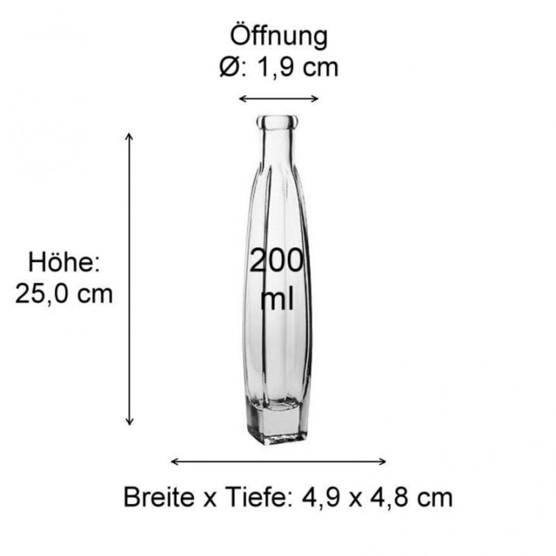 Maße einer Glasflasche mit detaillierten Abmessungen und Volumenangaben, Darstellung auf weißem Hintergrund in einer technischen Zeichnung.