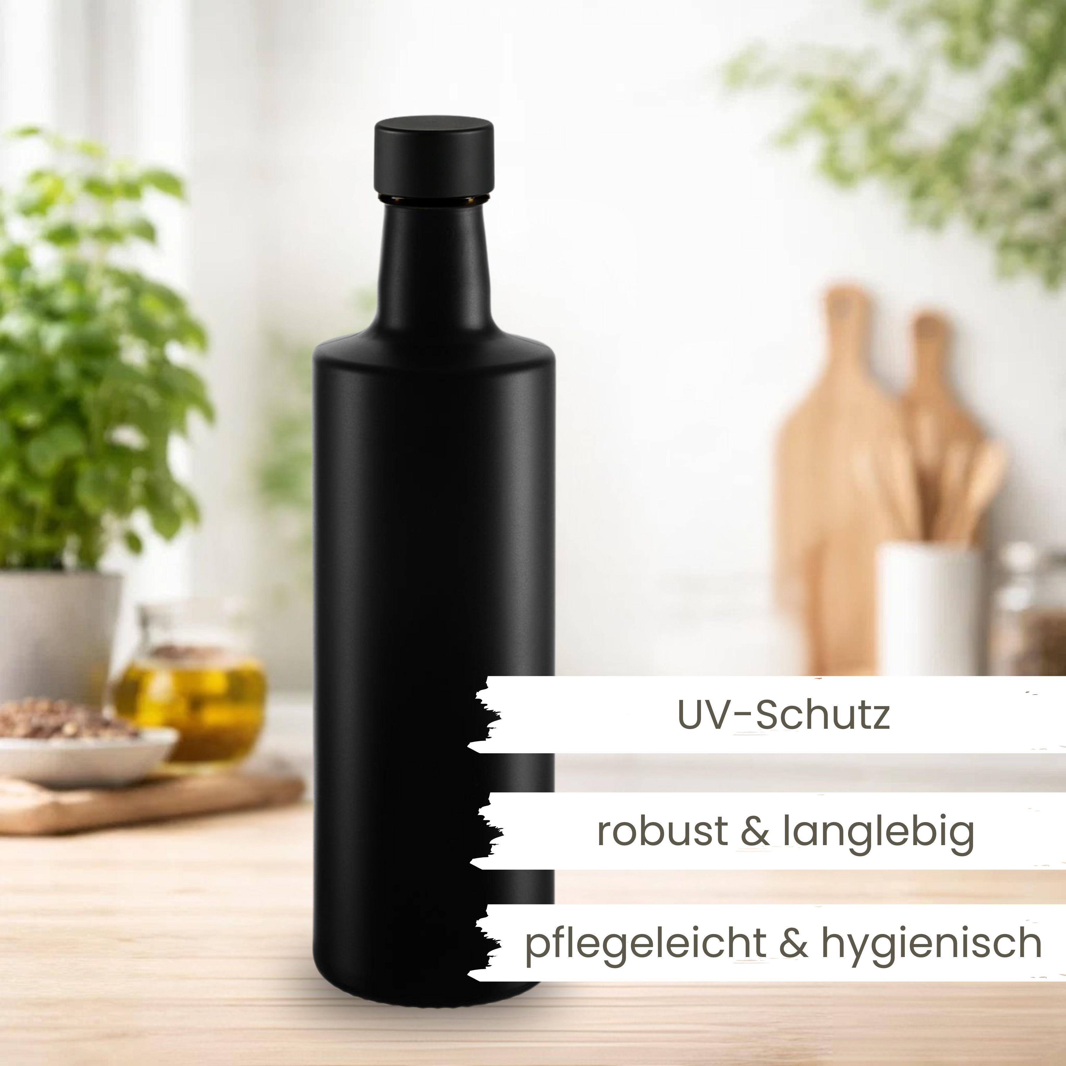 Glasflasche 500 ml rund schwarz Ölflasche Deckel Alu/Kunststoff