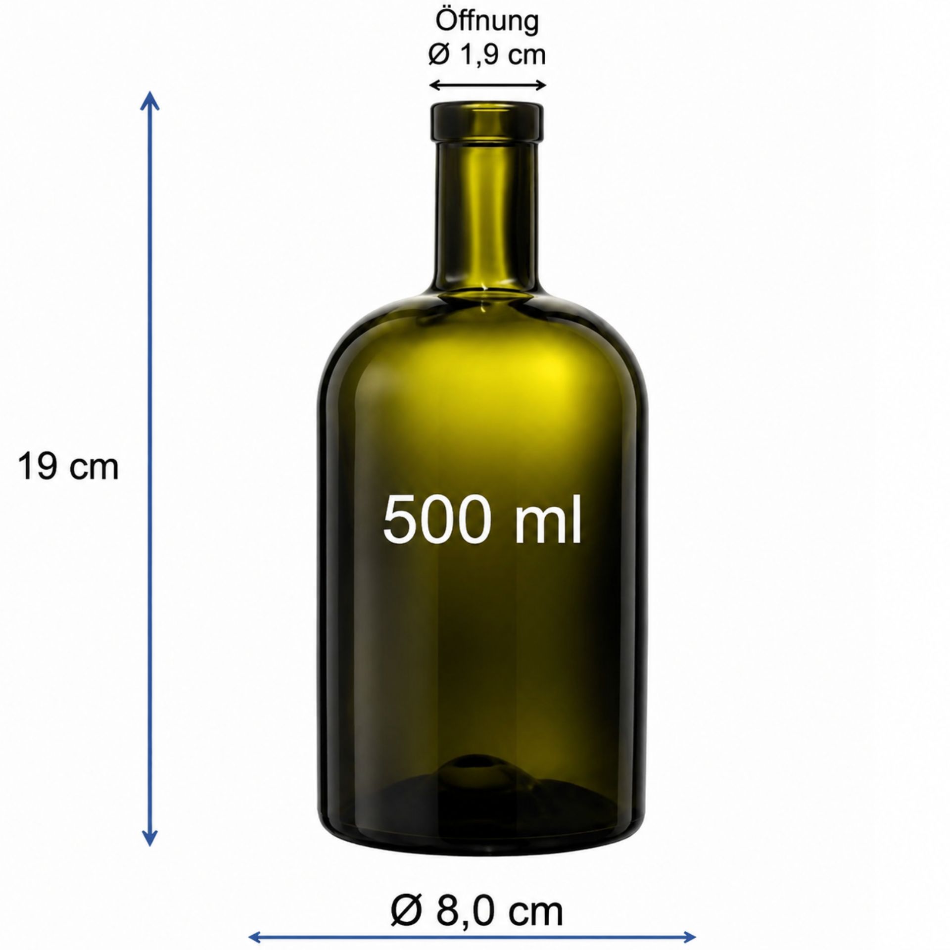Glasflasche 500 ml grün braun mit Korken, ideal für Getränke und Öle, umweltfreundliches Verpackungsmaterial, elegante und wiederverwendbare Glasverpackung.